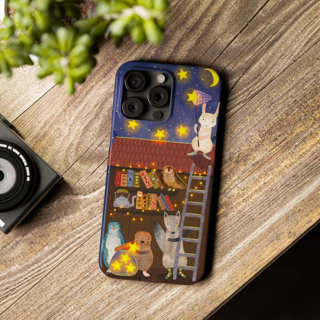 Starlit Library Phone Case, Woodland Animals iPhone Case, Cozy Night Scene Cover, Cute Animals Case Gift, iPhone 7 8 X XR 11 12 13 14 15 16