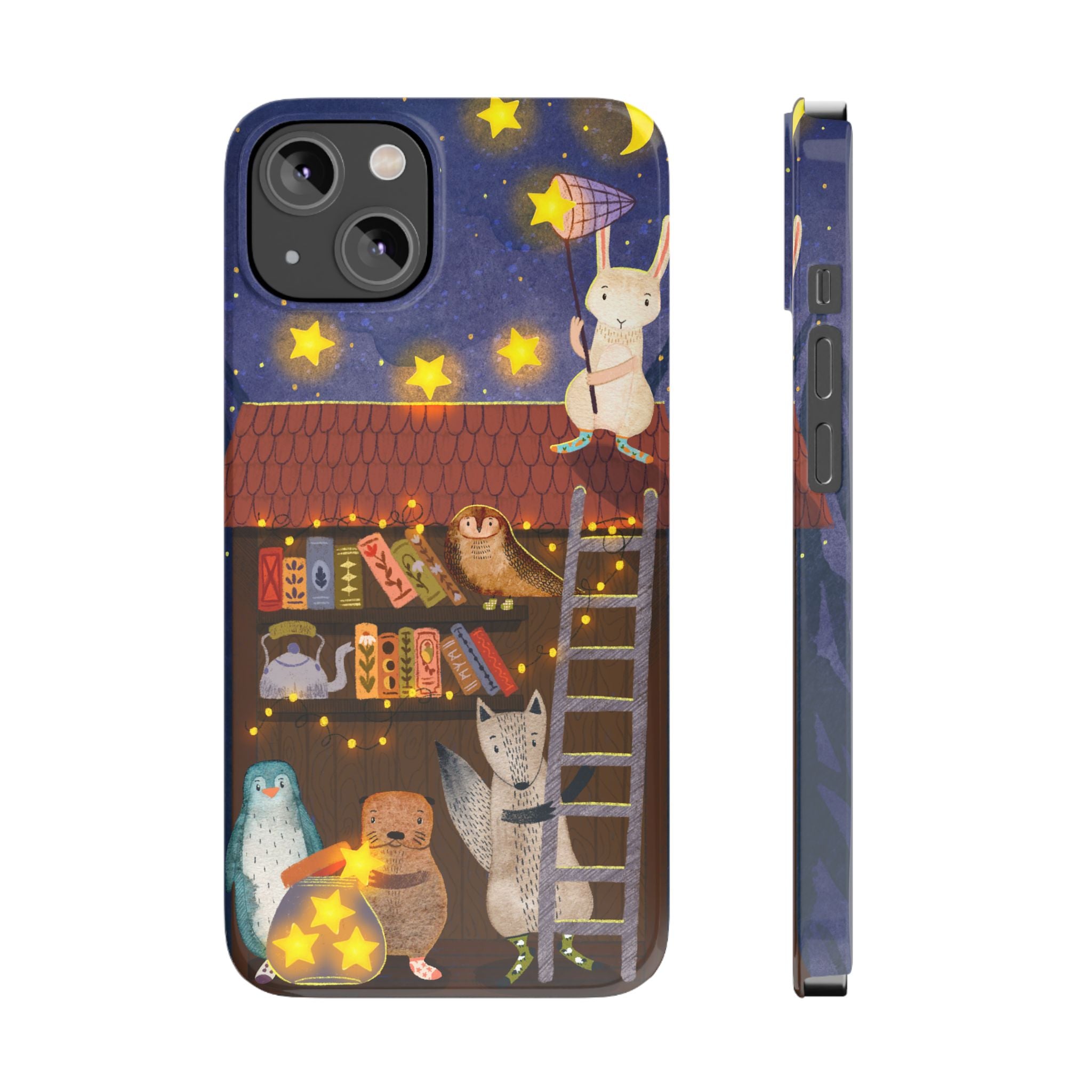 Starlit Library Phone Case, Woodland Animals iPhone Case, Cozy Night Scene Cover, Cute Animals Case Gift, iPhone 7 8 X XR 11 12 13 14 15 16