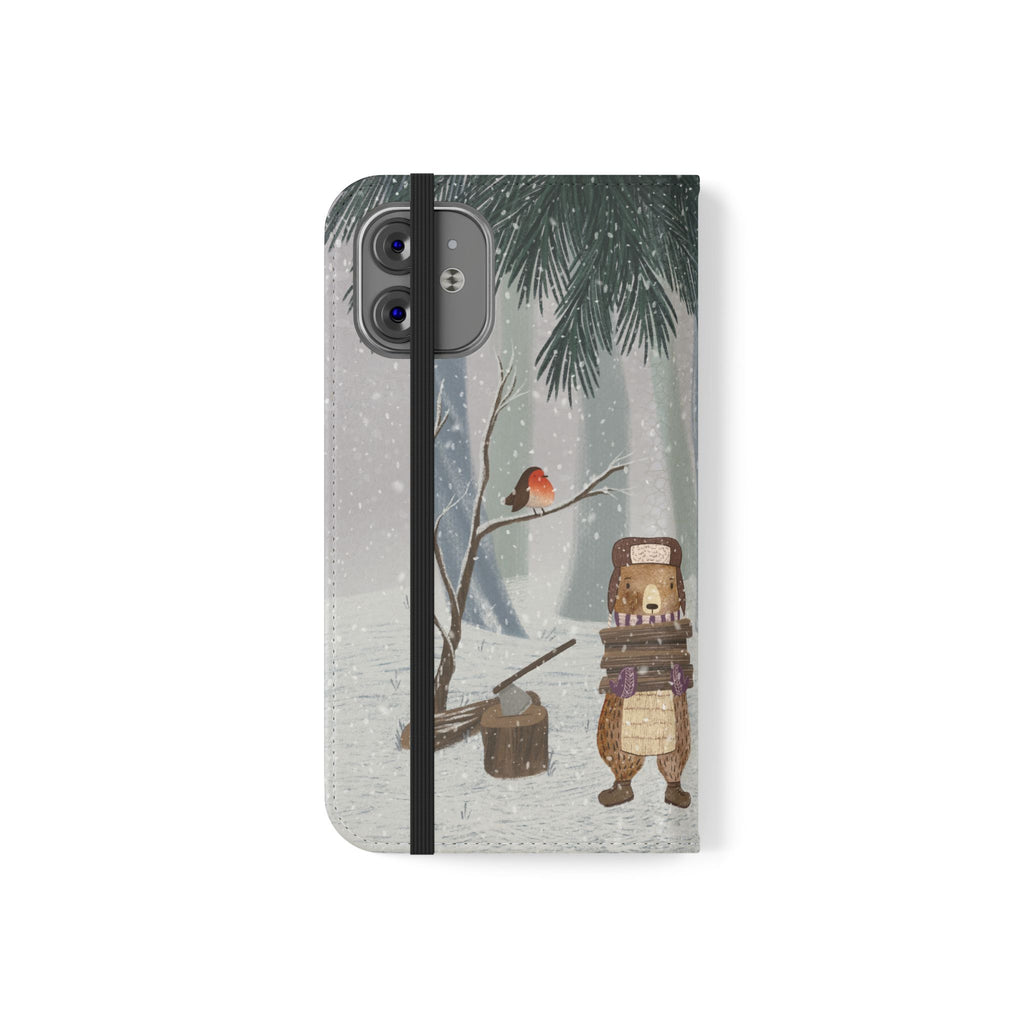 Winter Forest Friends Wallet Case, Woodland Flip Cover, Vegan Leather, Snowy Scene, Cozy Holiday, iPhone 11 12 13 14 15 16, Galaxy S21 S22