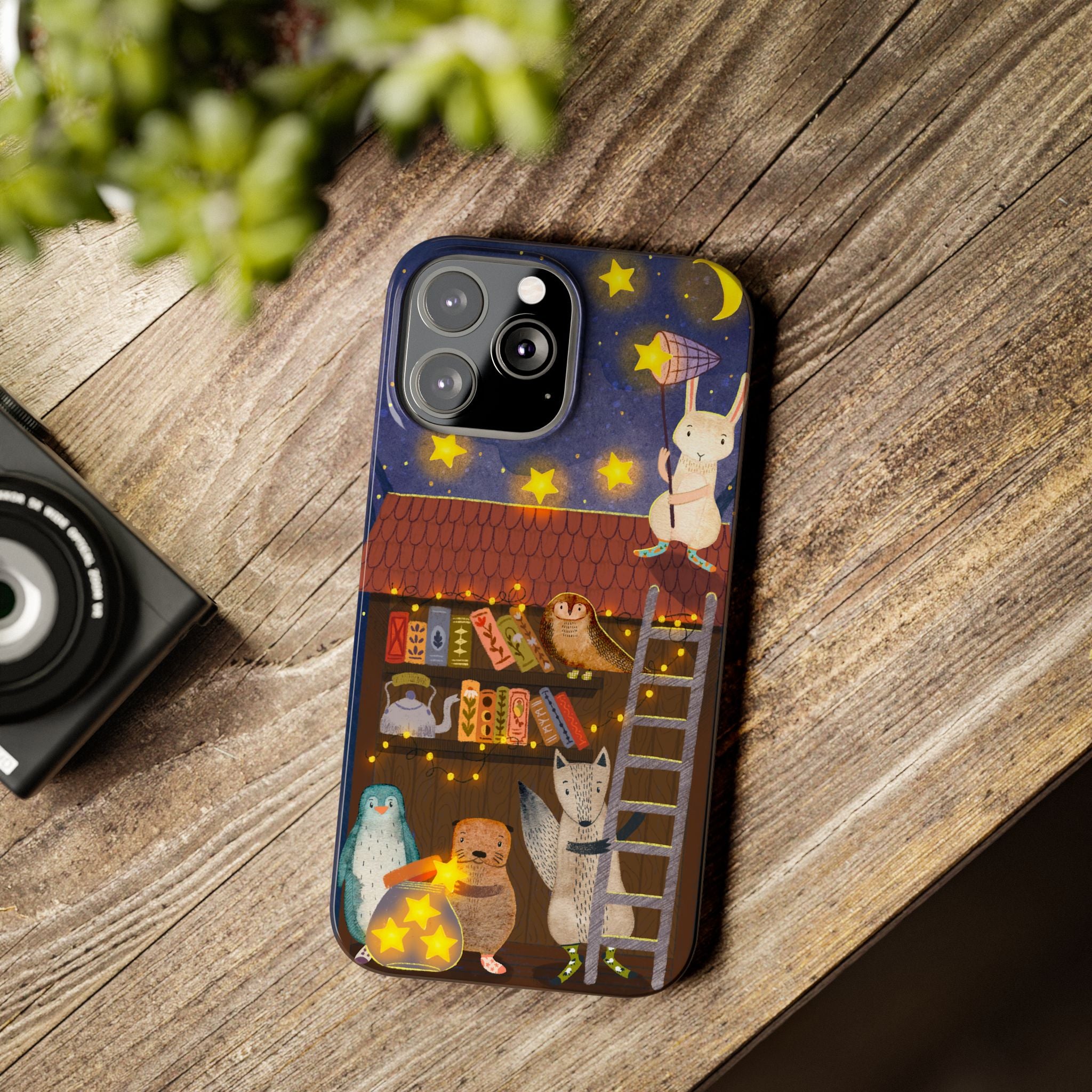 Starlit Library Phone Case, Woodland Animals iPhone Case, Cozy Night Scene Cover, Cute Animals Case Gift, iPhone 7 8 X XR 11 12 13 14 15 16