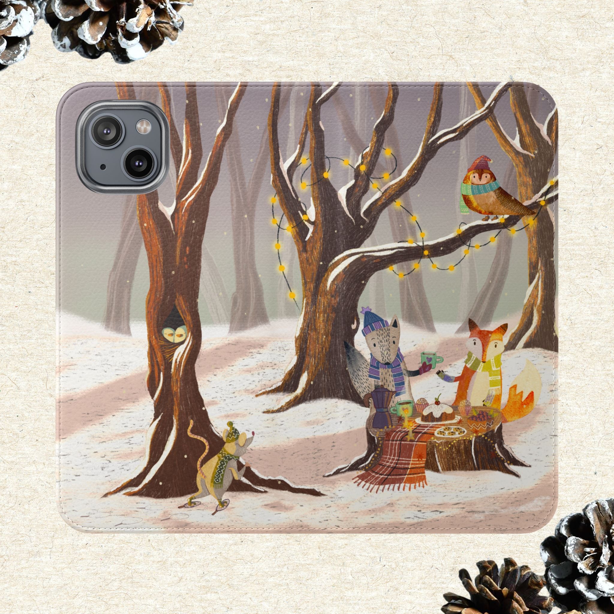 Winter Forest Tea Party Wallet Case, Woodland Animals Phone Flip Cover, Vegan Leather Case, iPhone 11 12 13 14 15 16, Galaxy Ultra S21 S22