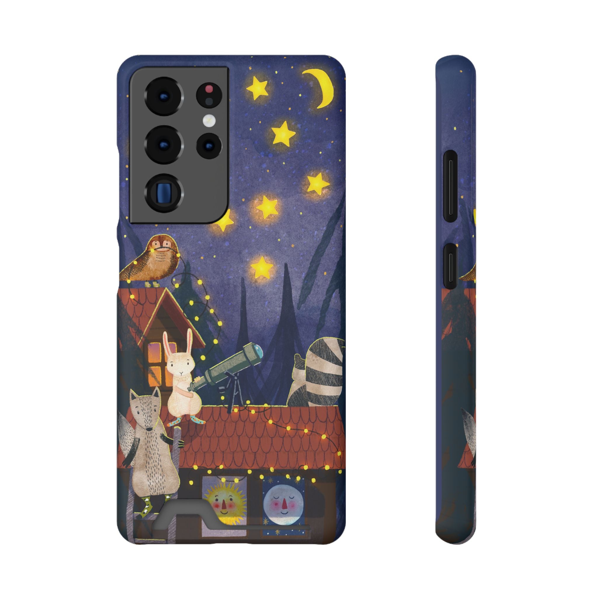 Stargazing Animals Phone Case With Card Holder - Cute Animal Design for Kids, Gift for Urban Explorers, Night Sky Vibes, Fun Accessory