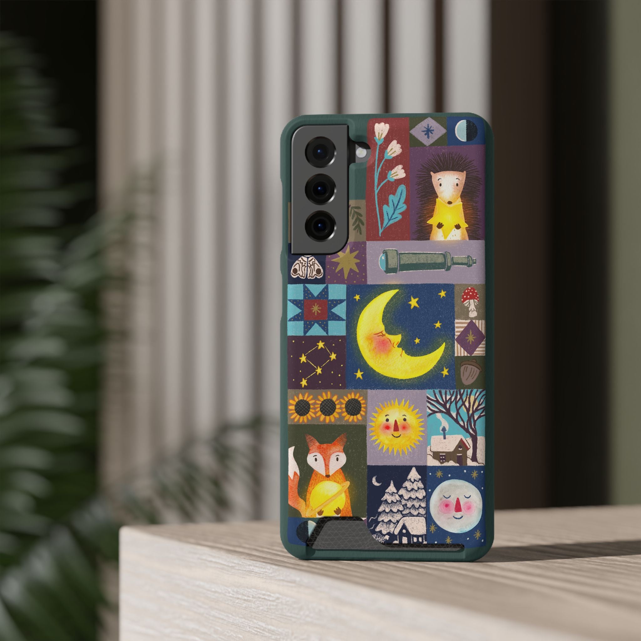 Magical Celestial Patchwork Phone Card Case - Cute Forest Animals Design, Perfect Gift for Nature Lovers, Kids & Adults, Ideal for Birthdays
