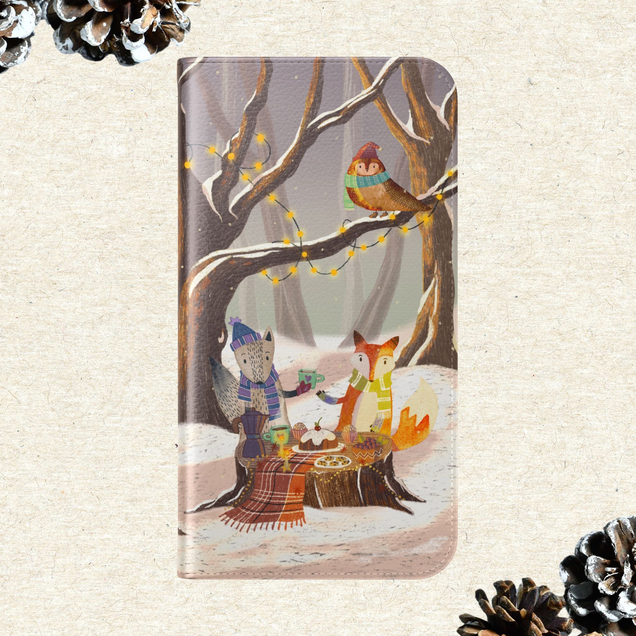 Winter Forest Tea Party Wallet Case, Woodland Animals Phone Flip Cover, Vegan Leather Case, iPhone 11 12 13 14 15 16, Galaxy Ultra S21 S22