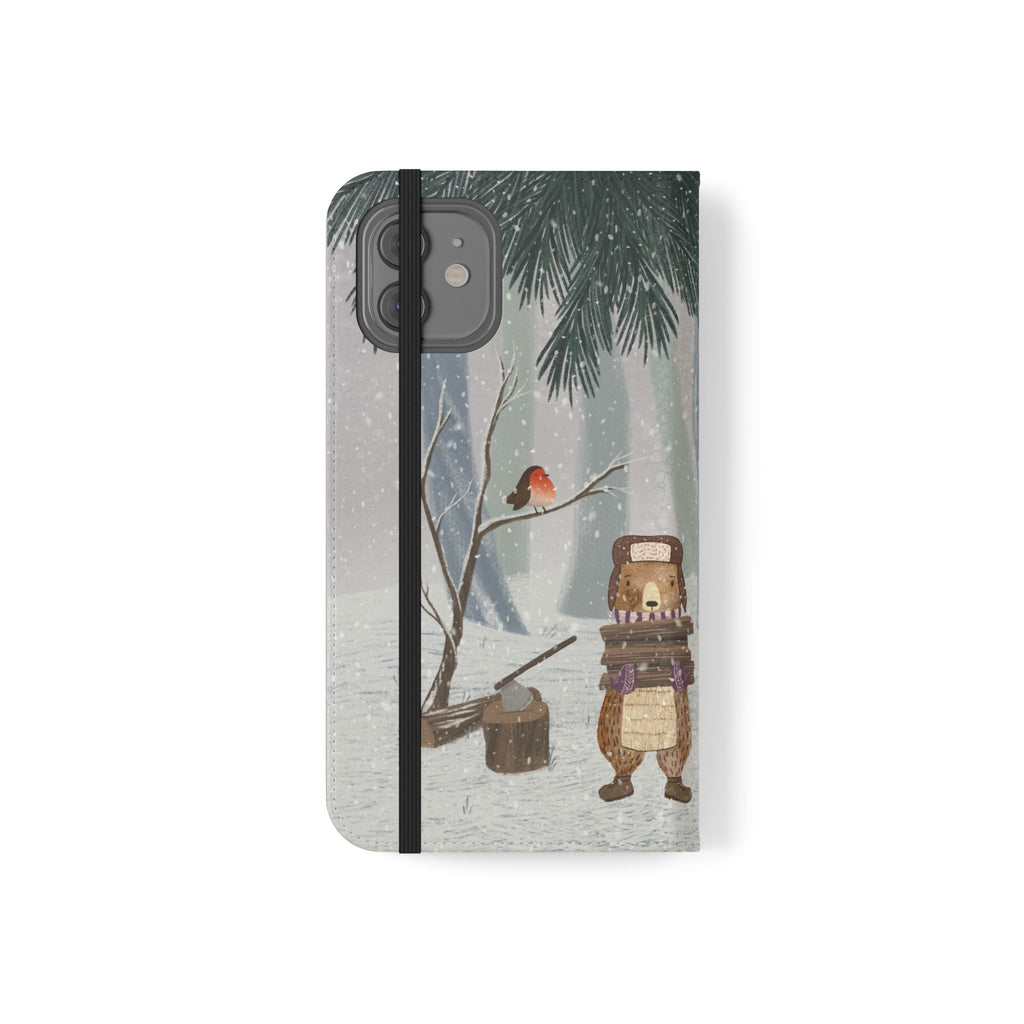 Winter Forest Friends Wallet Case, Woodland Flip Cover, Vegan Leather, Snowy Scene, Cozy Holiday, iPhone 11 12 13 14 15 16, Galaxy S21 S22