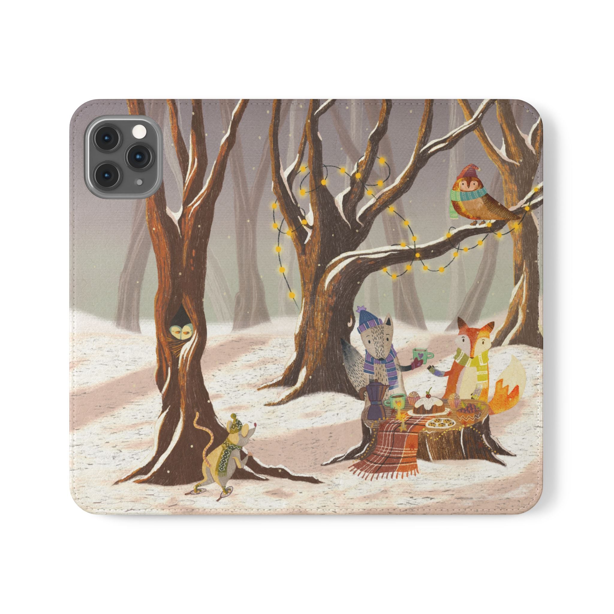 Winter Forest Tea Party Wallet Case, Woodland Animals Phone Flip Cover, Vegan Leather Case, iPhone 11 12 13 14 15 16, Galaxy Ultra S21 S22