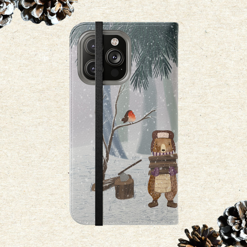 Winter Forest Friends Wallet Case, Woodland Flip Cover, Vegan Leather, Snowy Scene, Cozy Holiday, iPhone 11 12 13 14 15 16, Galaxy S21 S22