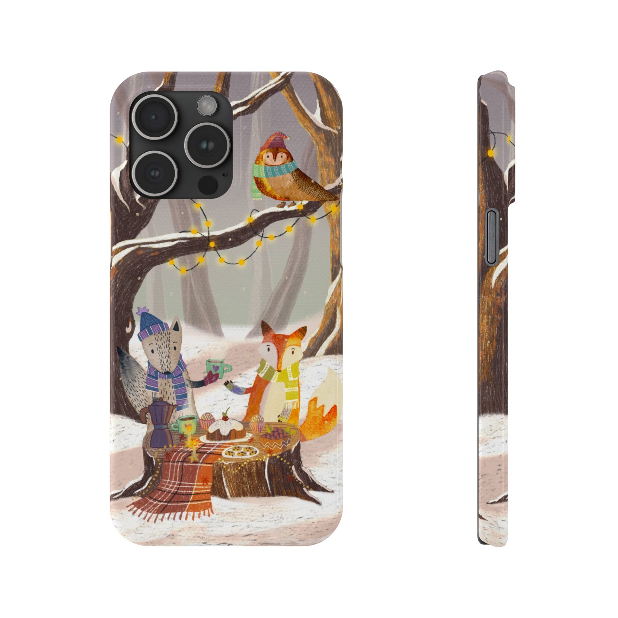 Cozy Winter Animals Slim iPhone Case, Cute Fox & Owl Design, Winter Theme Holiday Gift, Cute Phone Cover Gift, iPhone 16 15 14 13 12 11 X XR