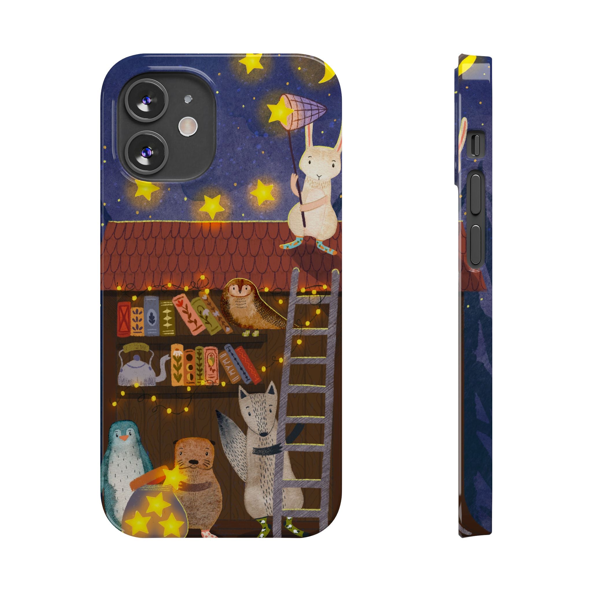 Starlit Library Phone Case, Woodland Animals iPhone Case, Cozy Night Scene Cover, Cute Animals Case Gift, iPhone 7 8 X XR 11 12 13 14 15 16