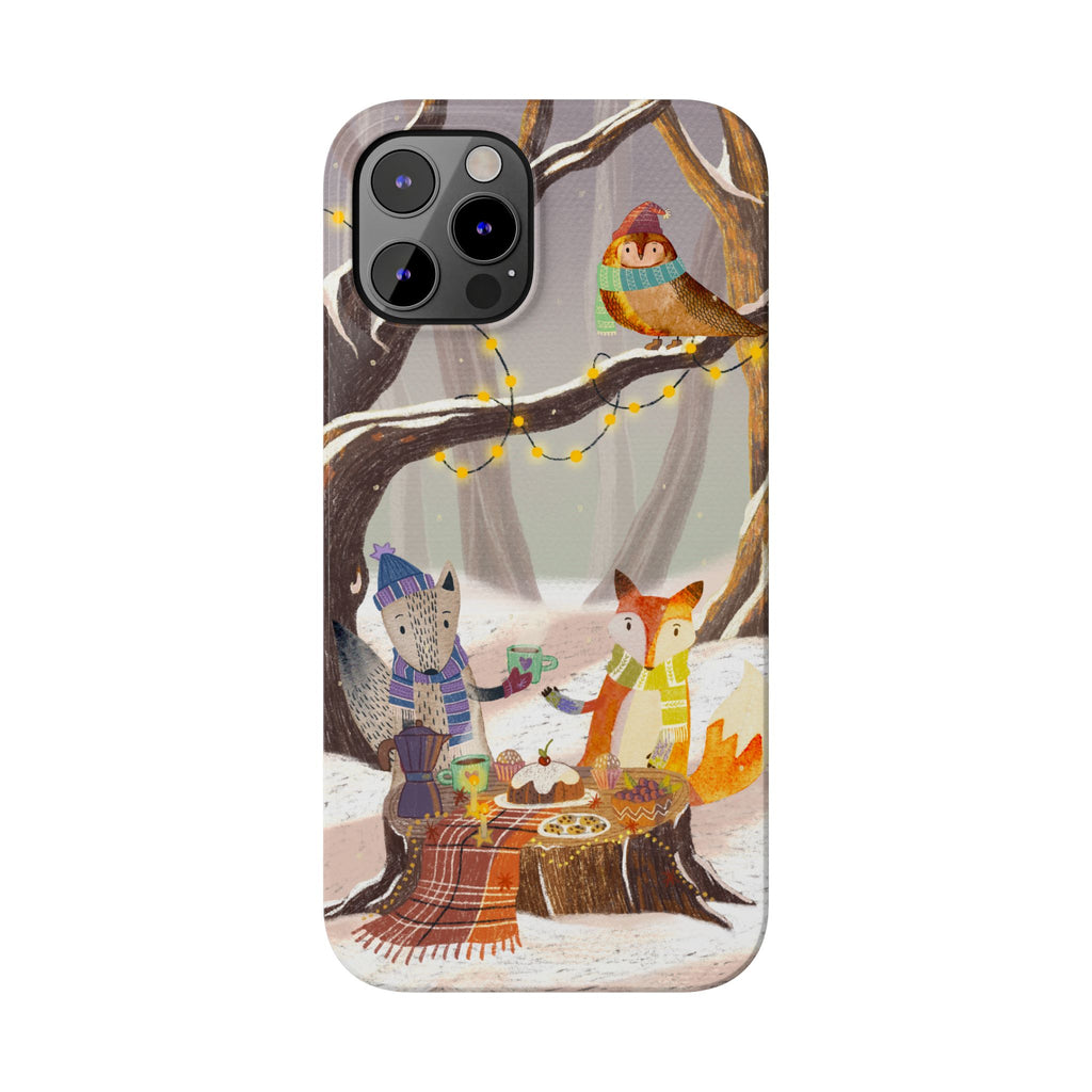 Cozy Winter Animals Slim iPhone Case, Cute Fox & Owl Design, Winter Theme Holiday Gift, Cute Phone Cover Gift, iPhone 16 15 14 13 12 11 X XR