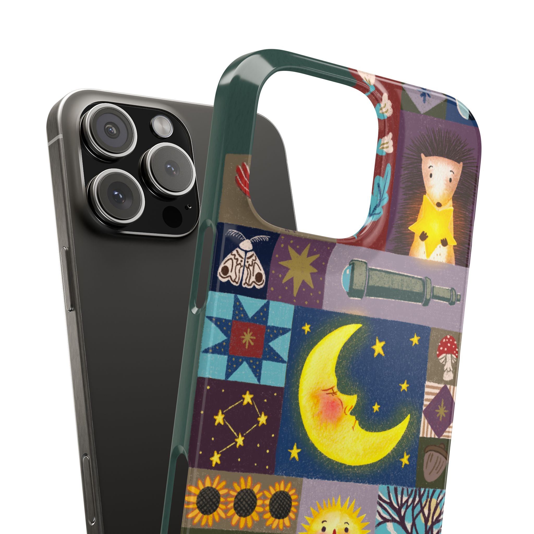 Celestial Quilt iPhone Case, Folk Art Moon Sun Fox Case, Nature Patchwork Cover, Cute Stellar Design, iPhone 7 8 X XR XS 11 12 13 14 15 16