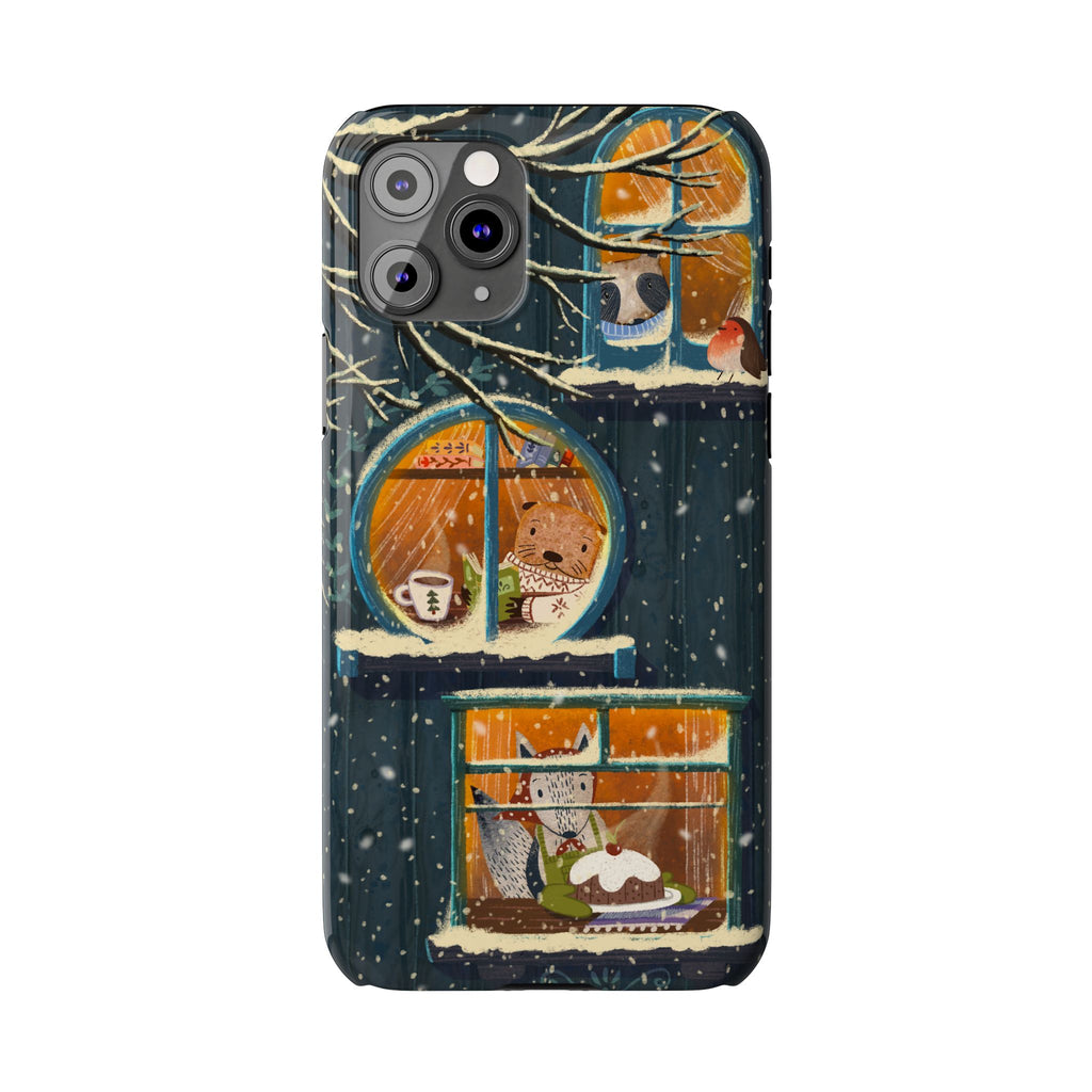 Cute Winter Animals Cozy Home iPhone Case, Woodland Cottage Cover, Treehouse at Night, Raccoon Bear Fox, iPhone 16 15 14 13 12 11 X XR 8 7