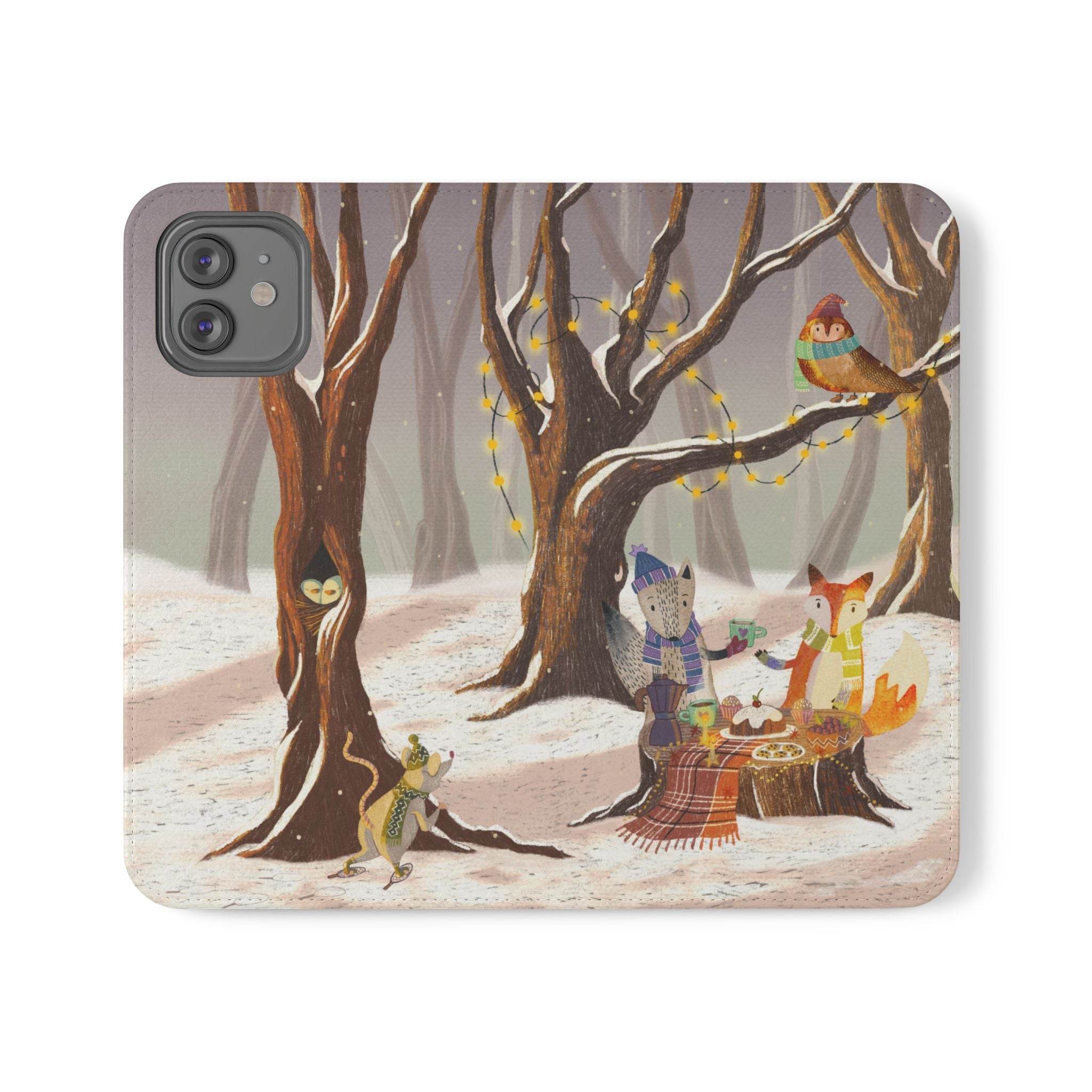 Winter Forest Tea Party Wallet Case, Woodland Animals Phone Flip Cover, Vegan Leather Case, iPhone 11 12 13 14 15 16, Galaxy Ultra S21 S22