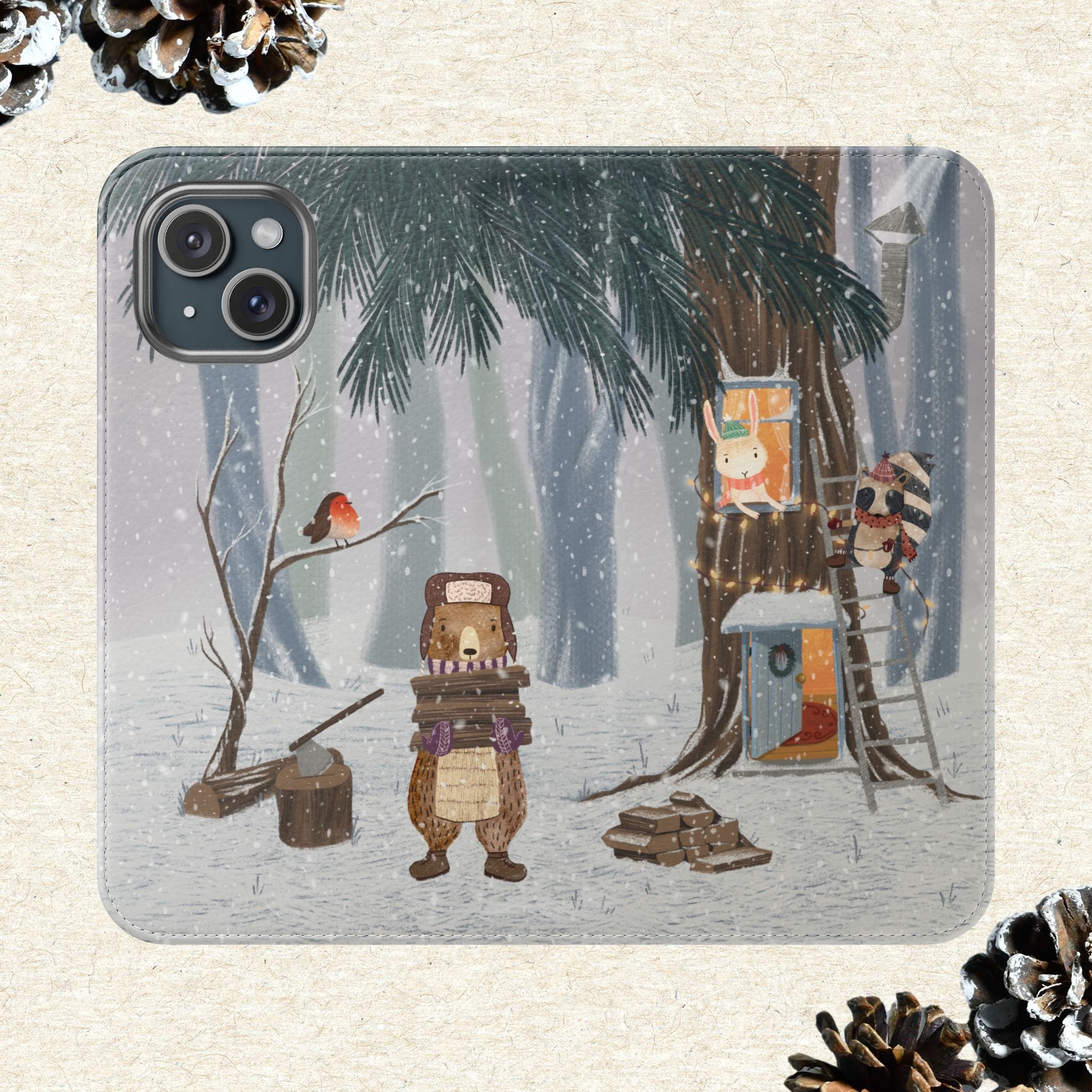 Winter Forest Friends Wallet Case, Woodland Flip Cover, Vegan Leather, Snowy Scene, Cozy Holiday, iPhone 11 12 13 14 15 16, Galaxy S21 S22