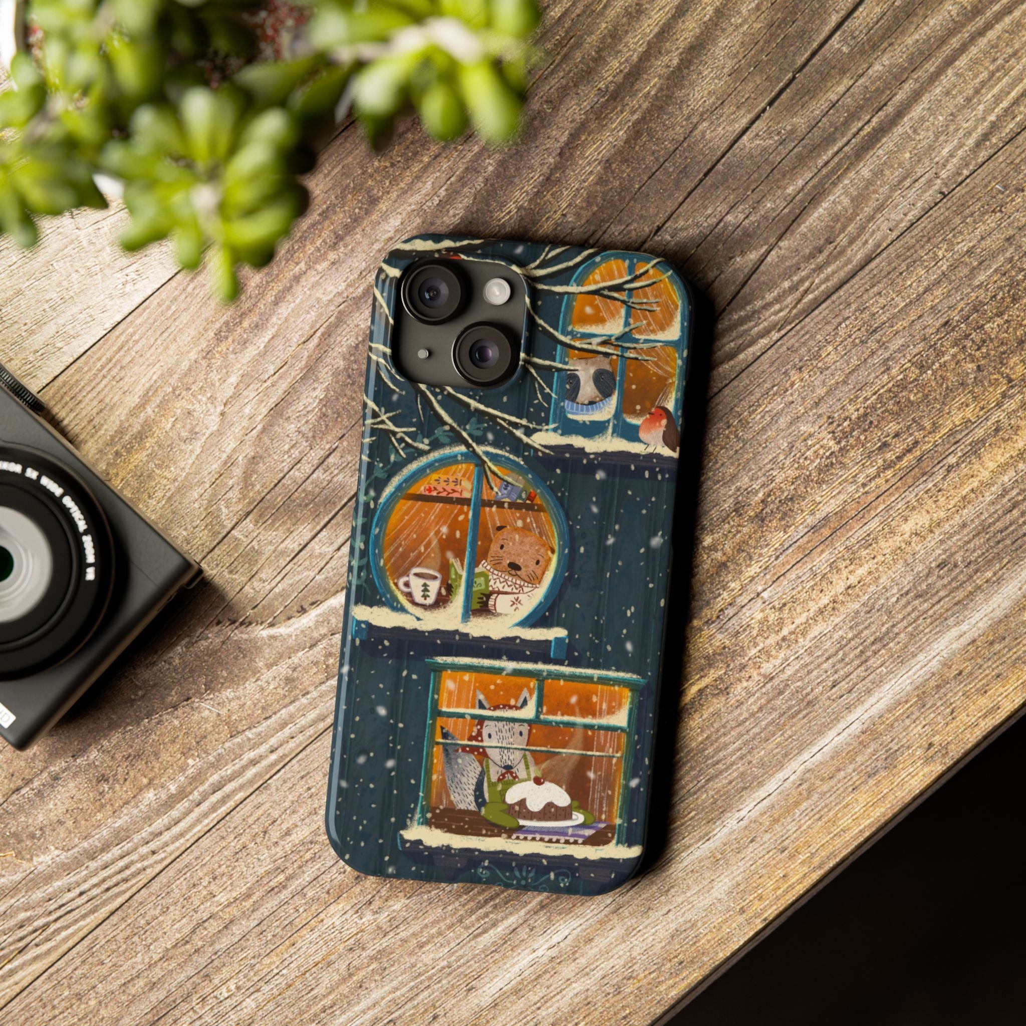 Cute Winter Animals Cozy Home iPhone Case, Woodland Cottage Cover, Treehouse at Night, Raccoon Bear Fox, iPhone 16 15 14 13 12 11 X XR 8 7