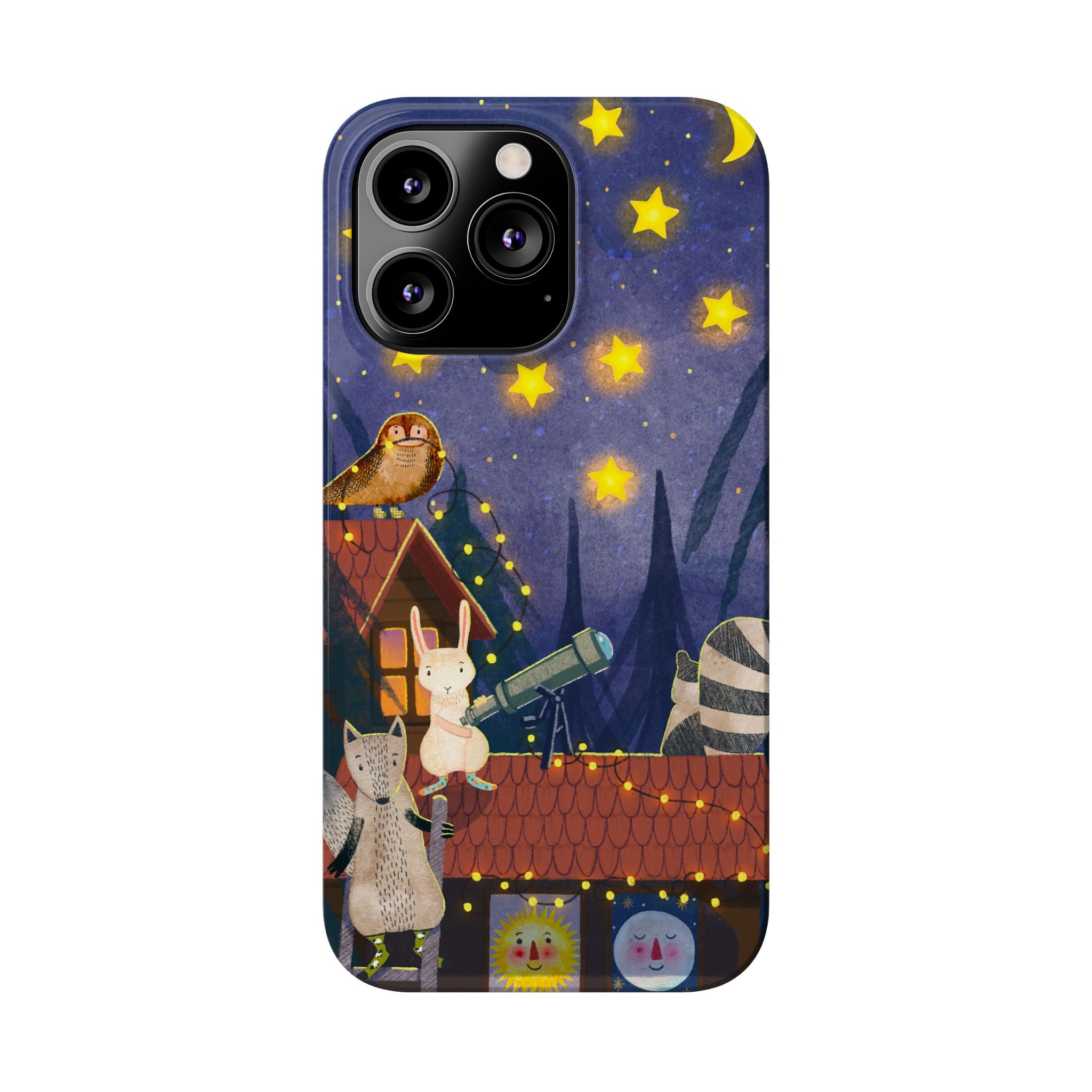Stargazing Animals Slim iPhone Case, Night Sky Observatory Cover, Cute Forest Gift, Starry Night Gift, iPhone 16 15 14 13 12 11 X XR XS 8 7