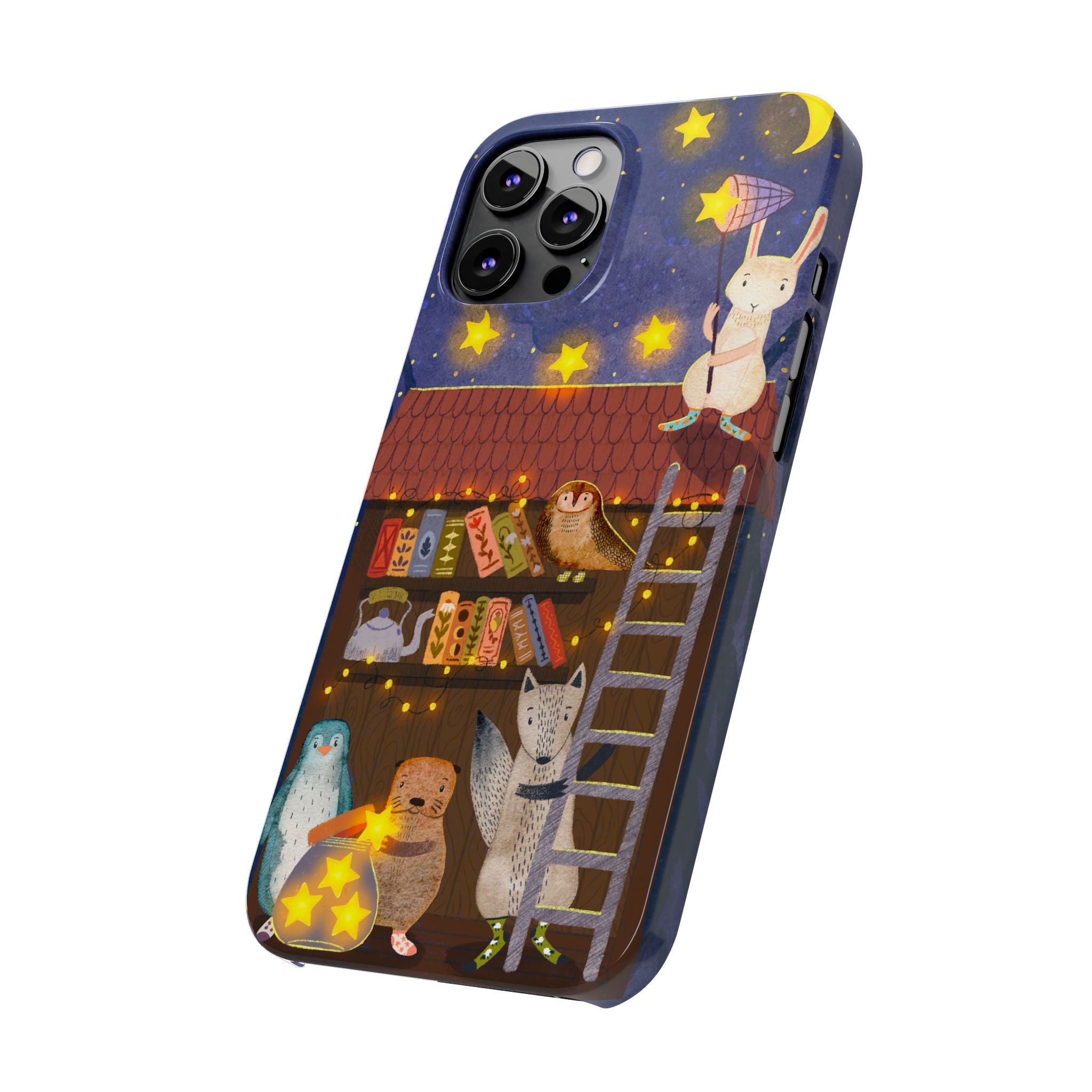 Starlit Library Phone Case, Woodland Animals iPhone Case, Cozy Night Scene Cover, Cute Animals Case Gift, iPhone 7 8 X XR 11 12 13 14 15 16