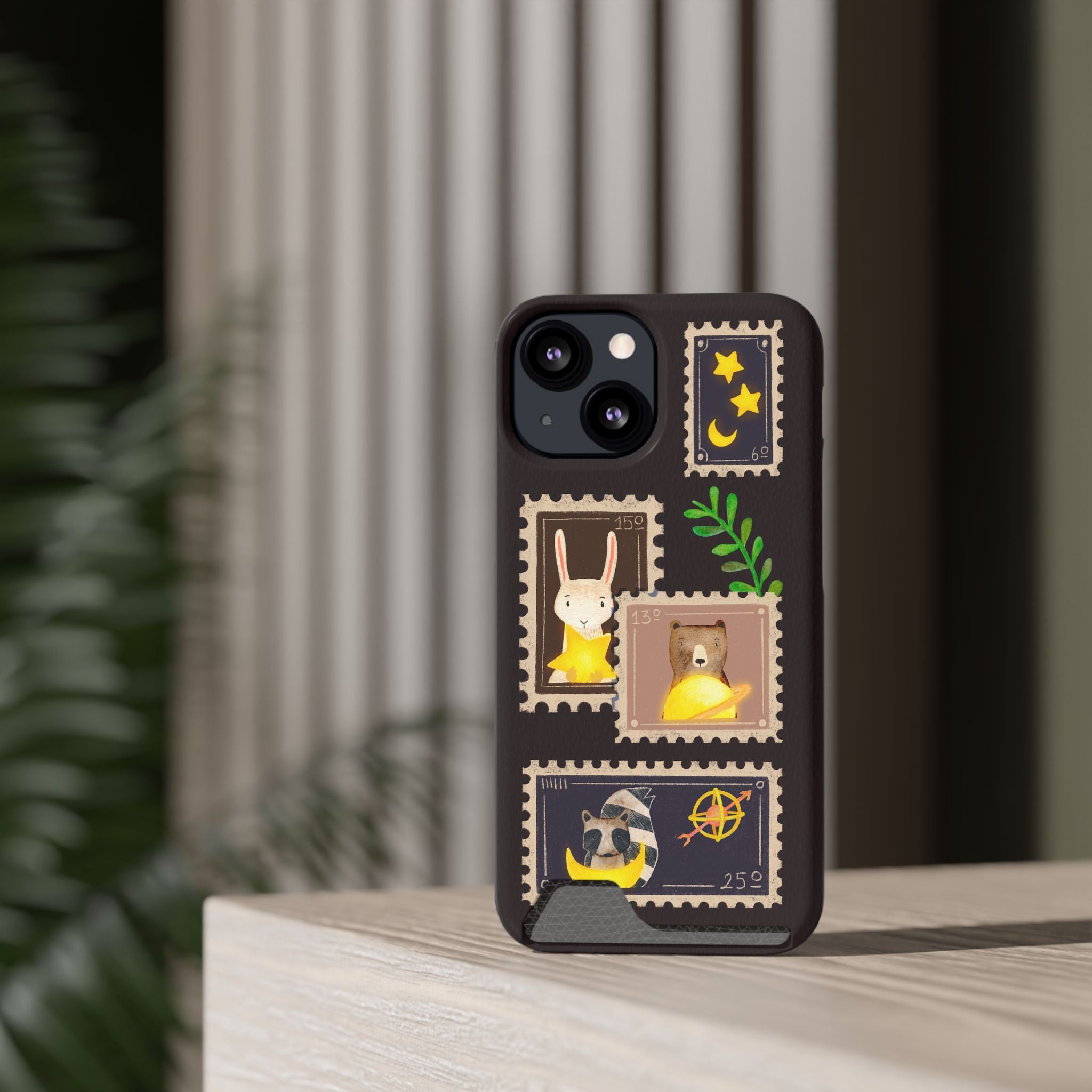 Animal Phone Case with Card Holder - Cute Raccoon, Bear & Bunny Design for iPhone 13 Samsung Galaxy S21/S22 - Pet Lovers Night Sky Style