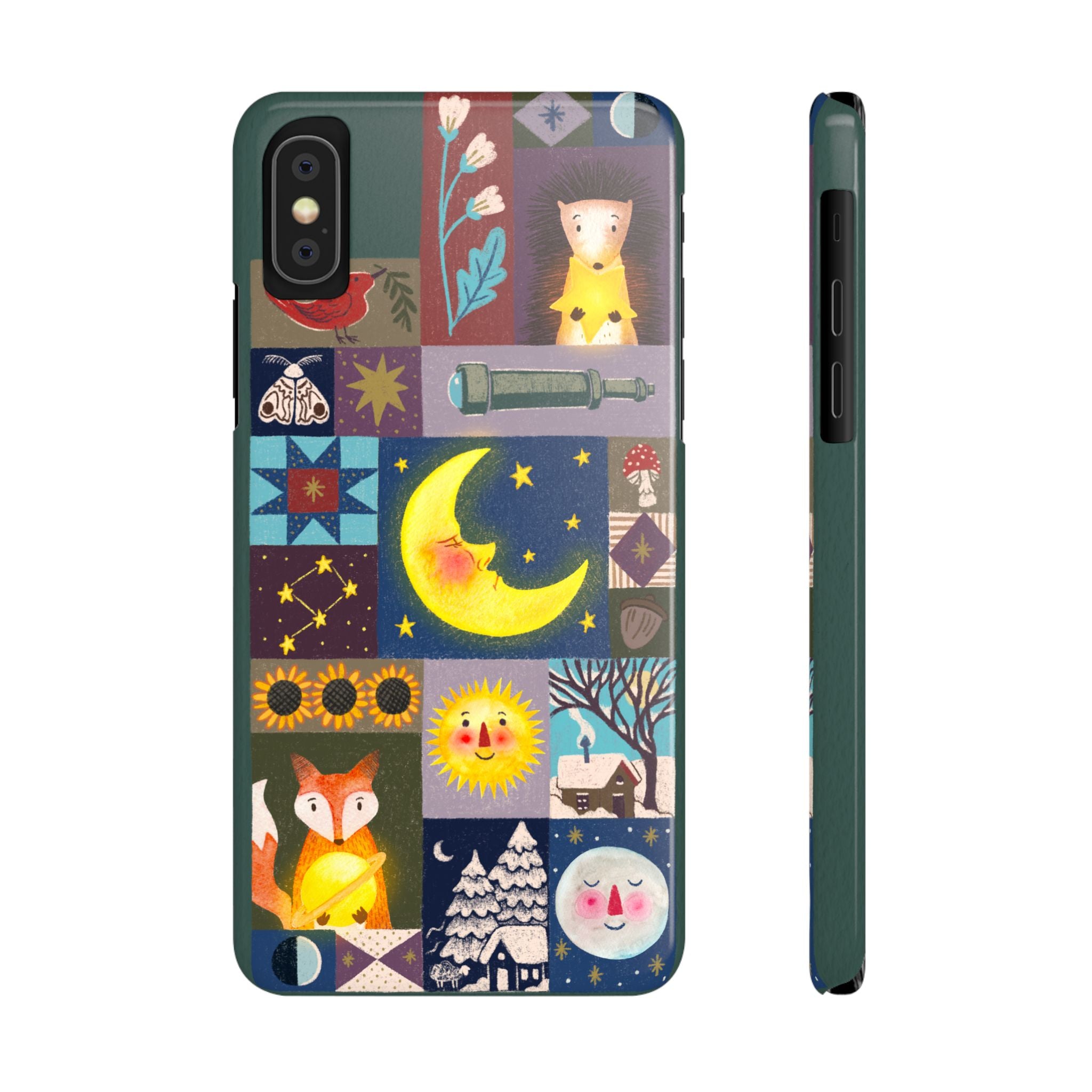 Celestial Quilt iPhone Case, Folk Art Moon Sun Fox Case, Nature Patchwork Cover, Cute Stellar Design, iPhone 7 8 X XR XS 11 12 13 14 15 16