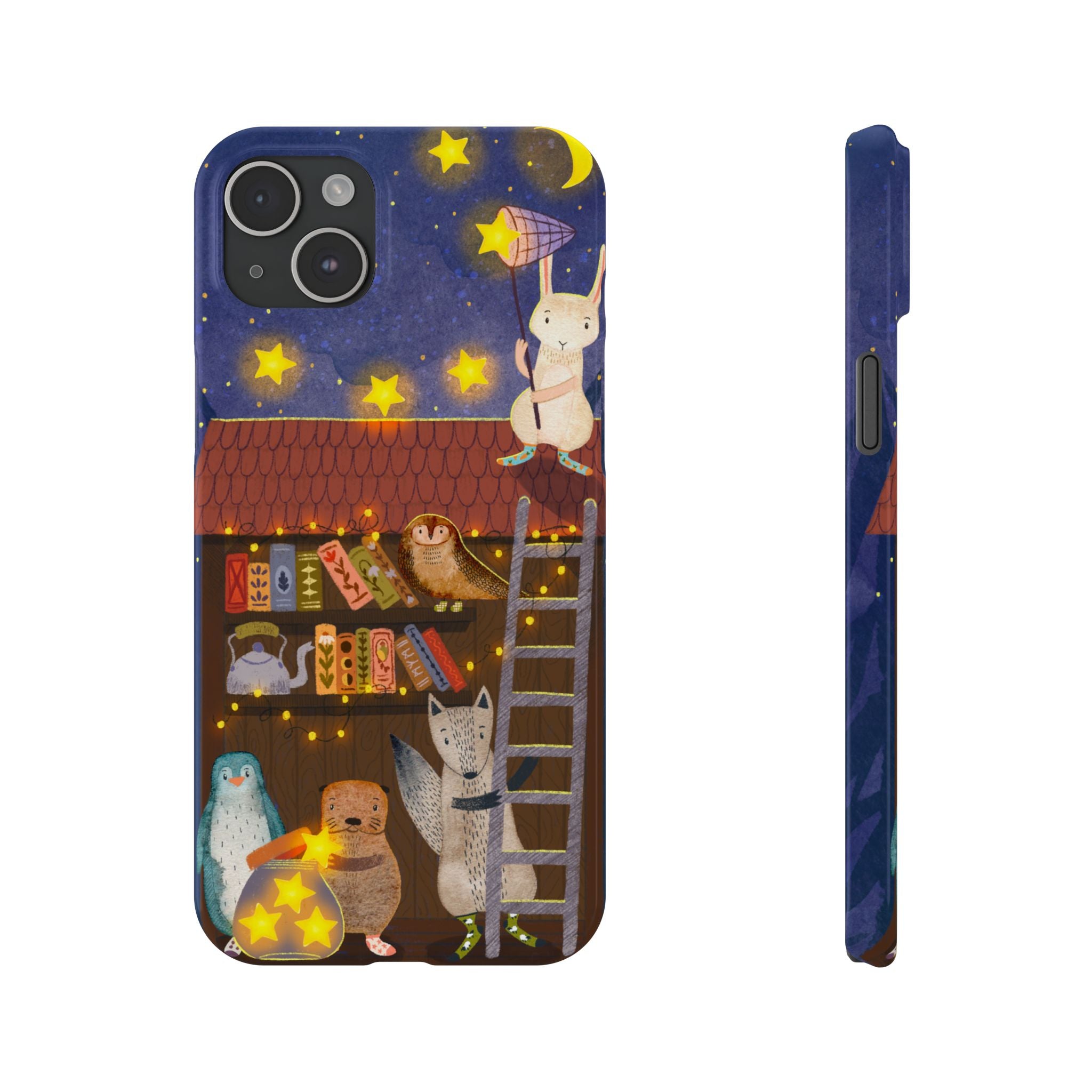 Starlit Library Phone Case, Woodland Animals iPhone Case, Cozy Night Scene Cover, Cute Animals Case Gift, iPhone 7 8 X XR 11 12 13 14 15 16