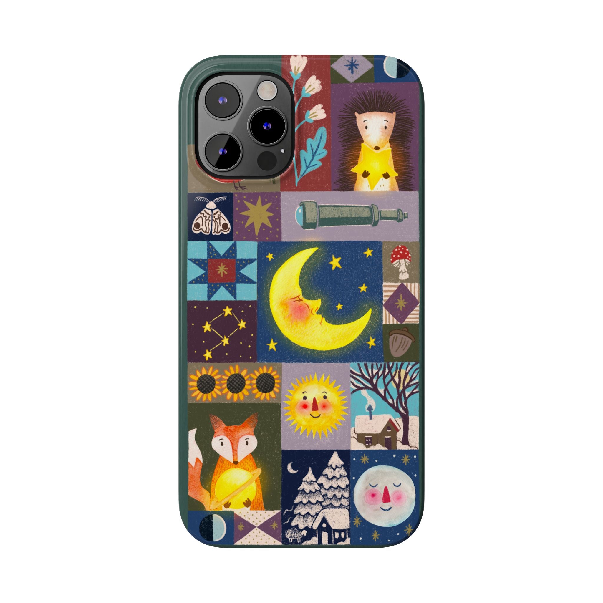 Celestial Quilt iPhone Case, Folk Art Moon Sun Fox Case, Nature Patchwork Cover, Cute Stellar Design, iPhone 7 8 X XR XS 11 12 13 14 15 16