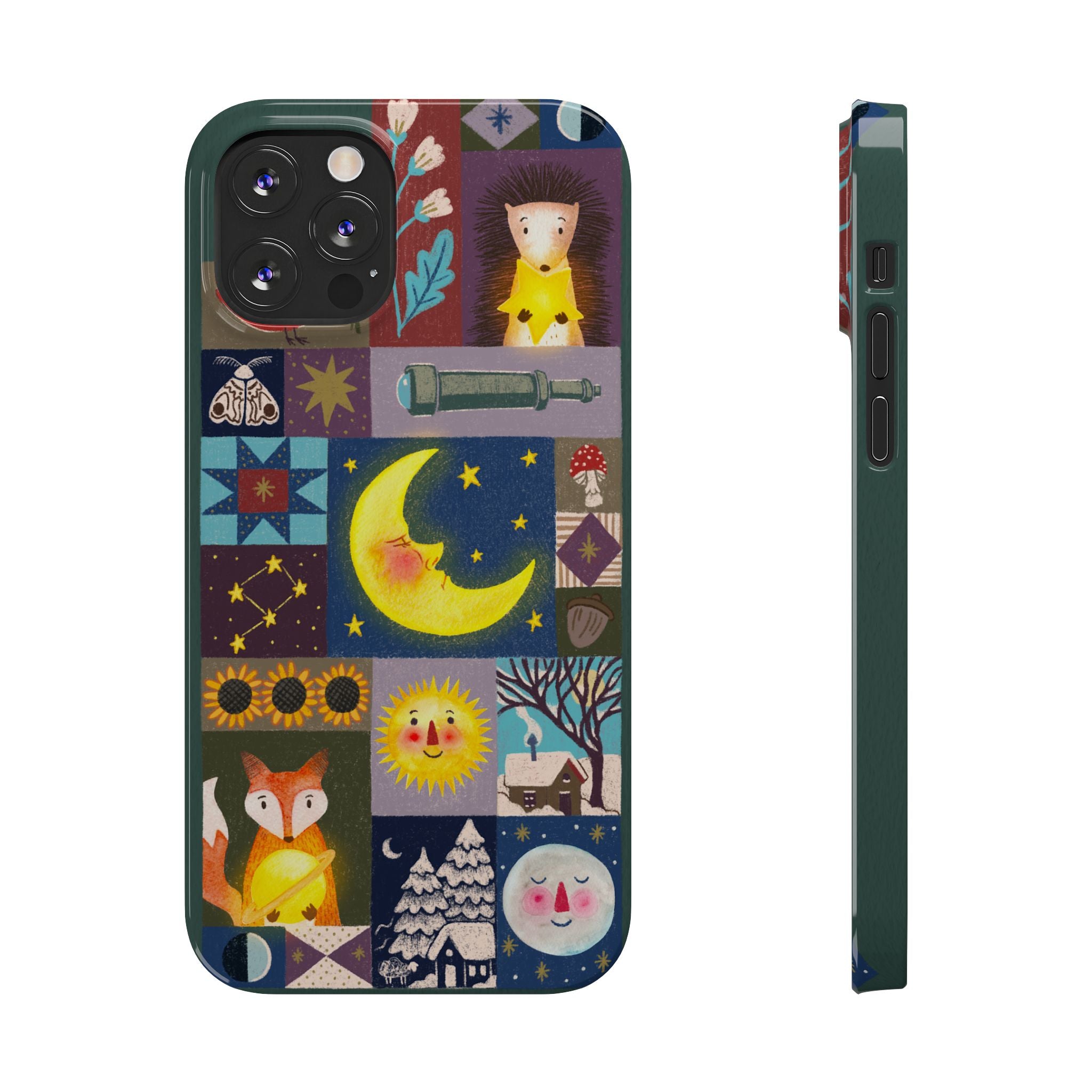 Celestial Quilt iPhone Case, Folk Art Moon Sun Fox Case, Nature Patchwork Cover, Cute Stellar Design, iPhone 7 8 X XR XS 11 12 13 14 15 16