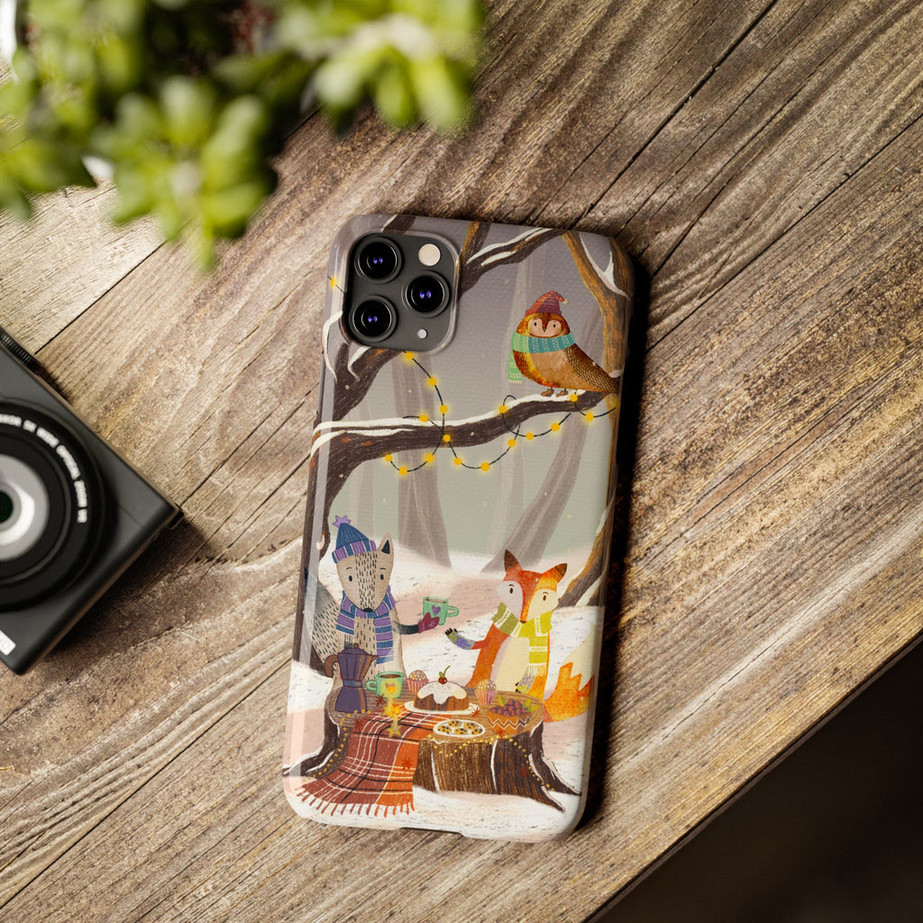 Cozy Winter Animals Slim iPhone Case, Cute Fox & Owl Design, Winter Theme Holiday Gift, Cute Phone Cover Gift, iPhone 16 15 14 13 12 11 X XR