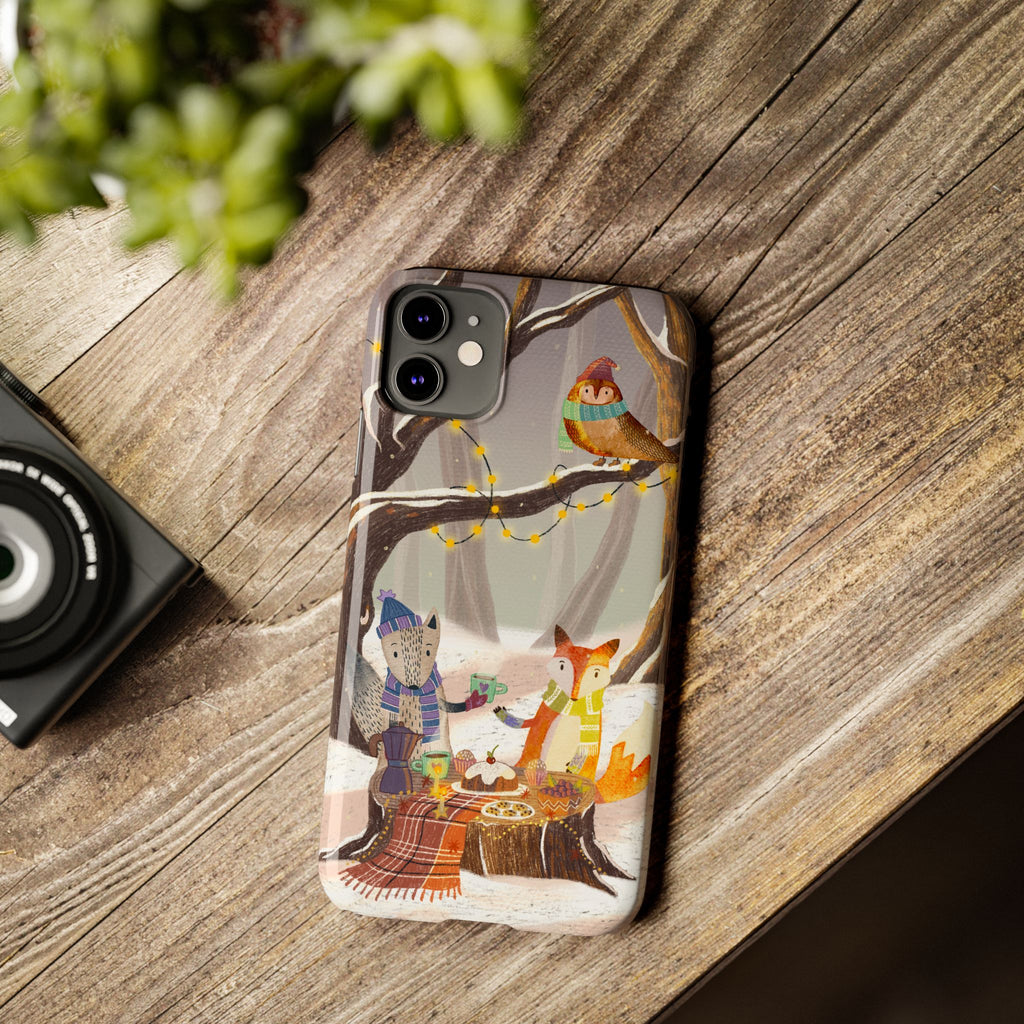 Cozy Winter Animals Slim iPhone Case, Cute Fox & Owl Design, Winter Theme Holiday Gift, Cute Phone Cover Gift, iPhone 16 15 14 13 12 11 X XR