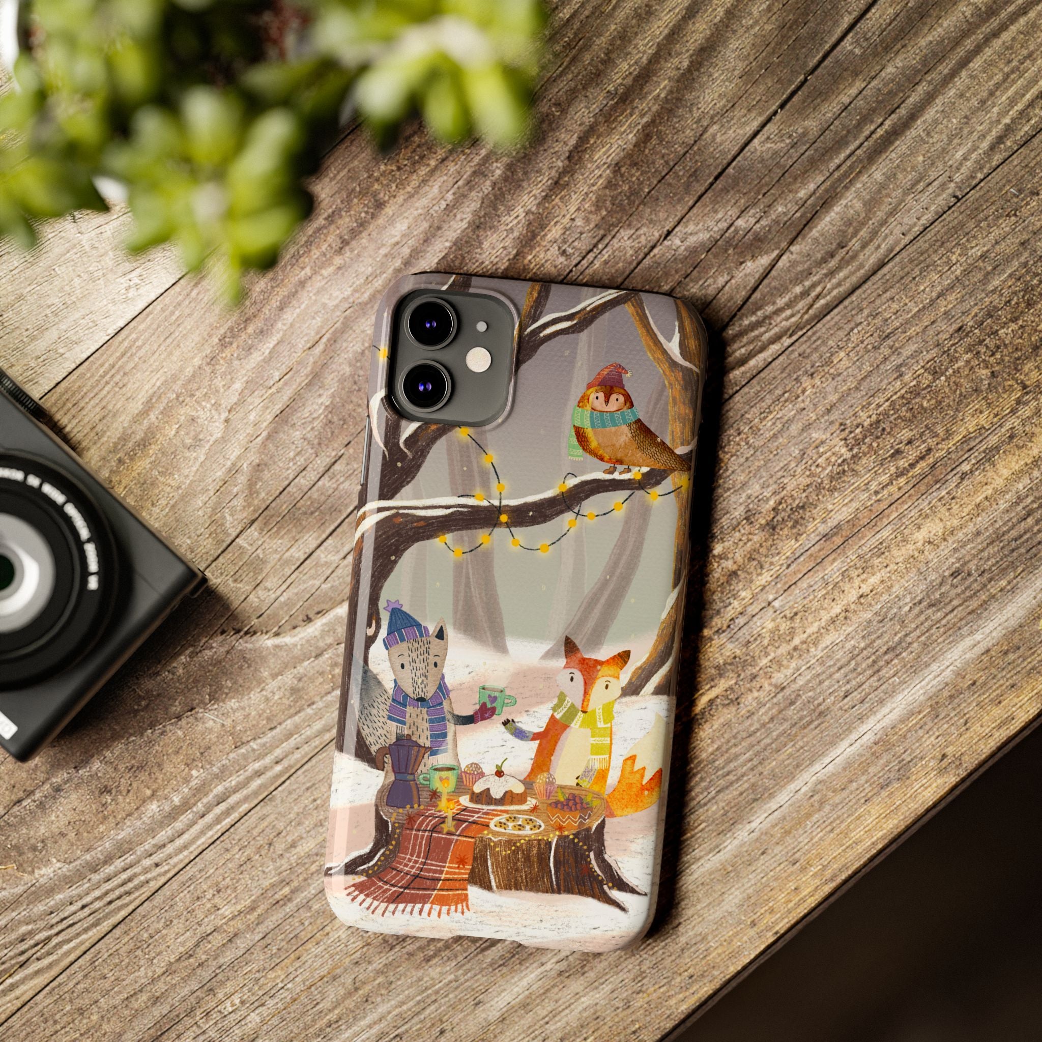 Cozy Winter Animals Slim iPhone Case, Cute Fox & Owl Design, Winter Theme Holiday Gift, Cute Phone Cover Gift, iPhone 16 15 14 13 12 11 X XR
