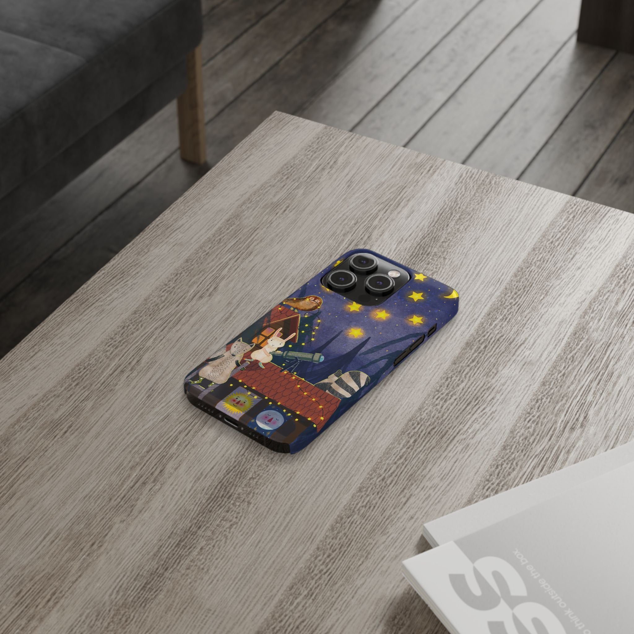 Stargazing Animals Slim iPhone Case, Night Sky Observatory Cover, Cute Forest Gift, Starry Night Gift, iPhone 16 15 14 13 12 11 X XR XS 8 7