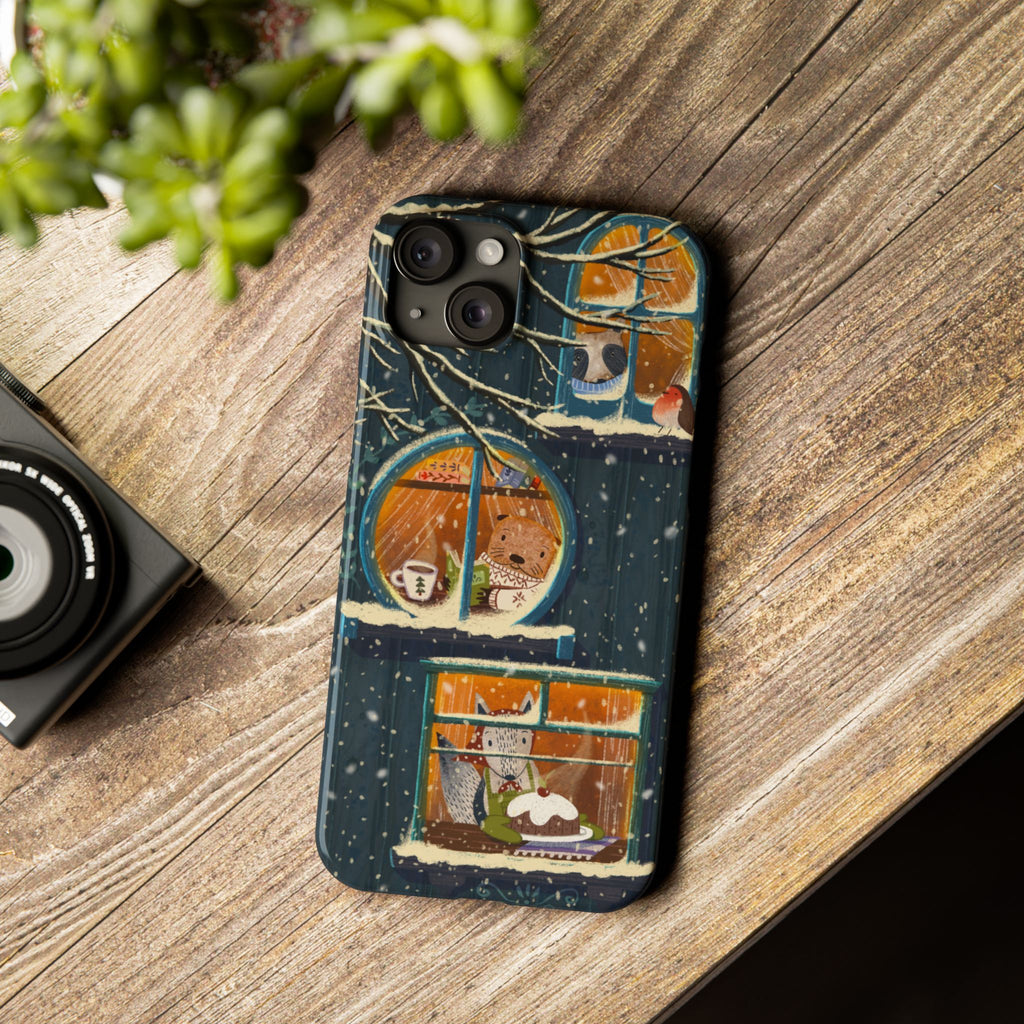 Cute Winter Animals Cozy Home iPhone Case, Woodland Cottage Cover, Treehouse at Night, Raccoon Bear Fox, iPhone 16 15 14 13 12 11 X XR 8 7