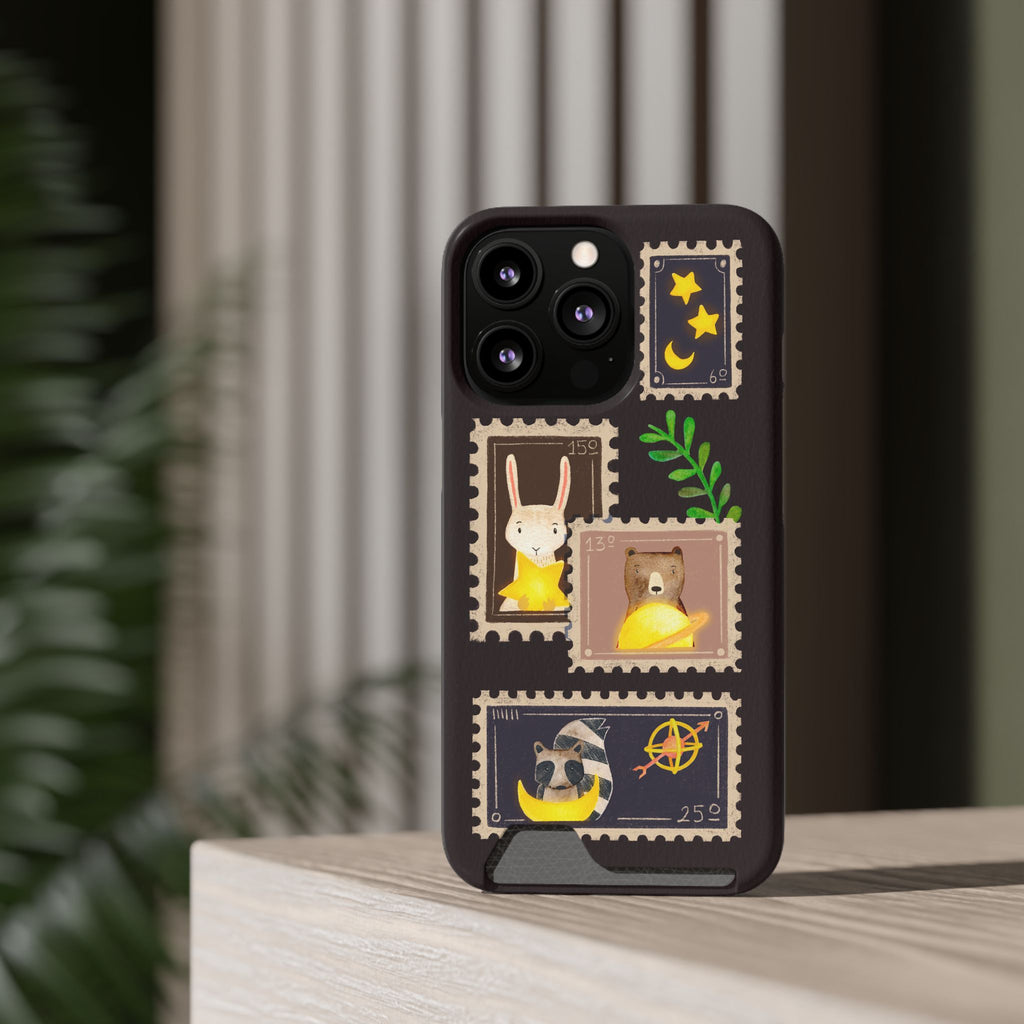 Animal Phone Case with Card Holder - Cute Raccoon, Bear & Bunny Design for iPhone 13 Samsung Galaxy S21/S22 - Pet Lovers Night Sky Style