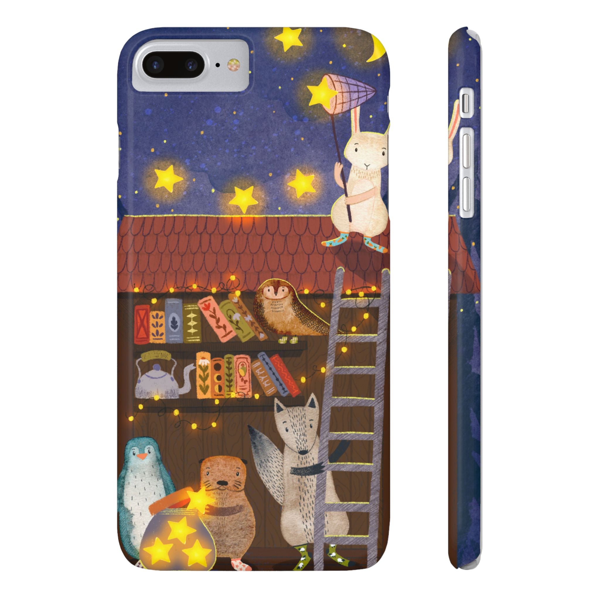 Starlit Library Phone Case, Woodland Animals iPhone Case, Cozy Night Scene Cover, Cute Animals Case Gift, iPhone 7 8 X XR 11 12 13 14 15 16