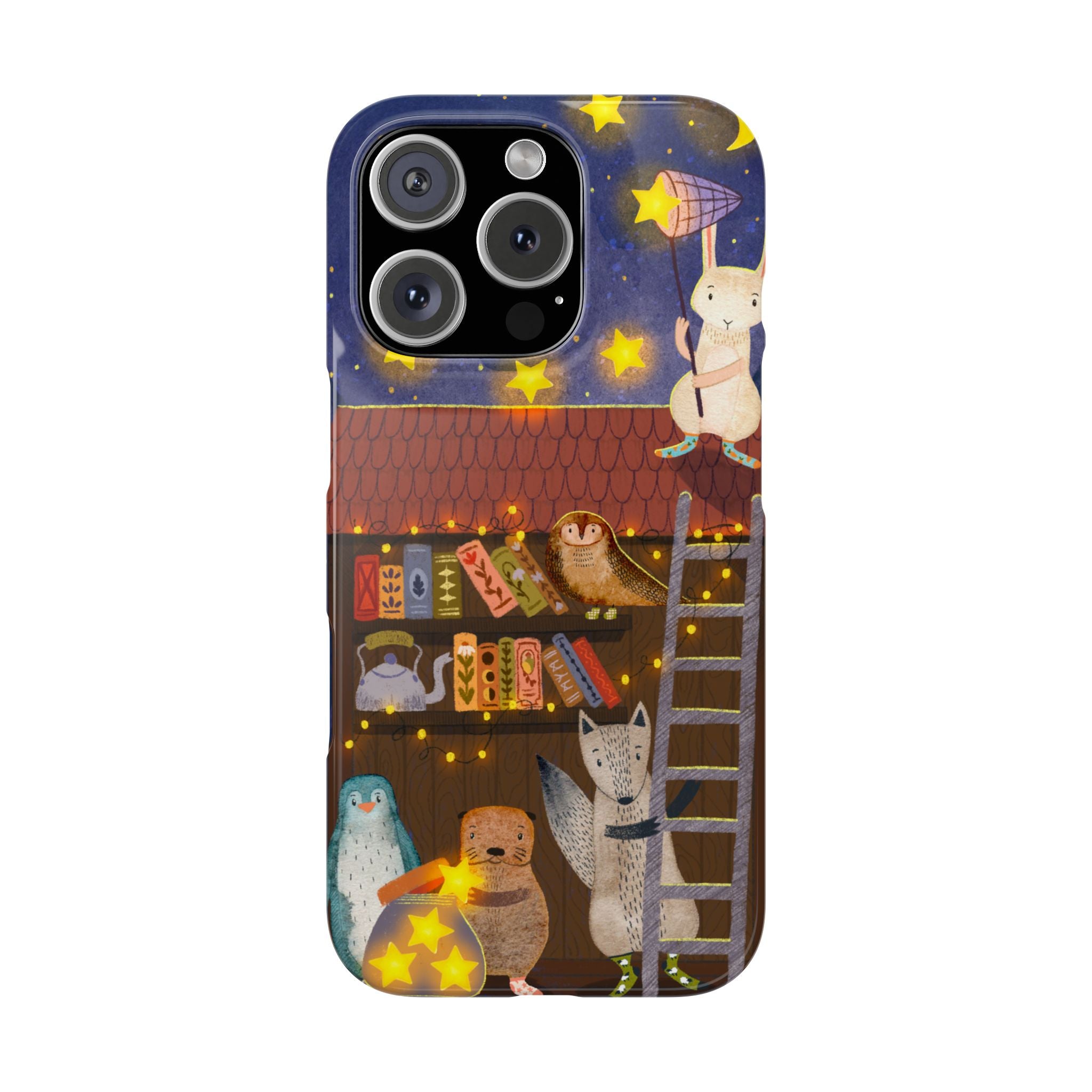 Starlit Library Phone Case, Woodland Animals iPhone Case, Cozy Night Scene Cover, Cute Animals Case Gift, iPhone 7 8 X XR 11 12 13 14 15 16