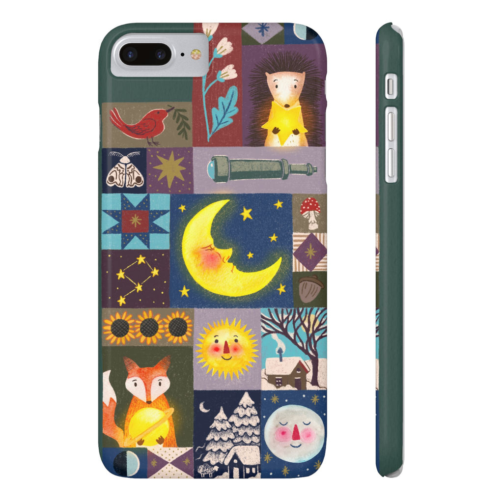 Celestial Quilt iPhone Case, Folk Art Moon Sun Fox Case, Nature Patchwork Cover, Cute Stellar Design, iPhone 7 8 X XR XS 11 12 13 14 15 16