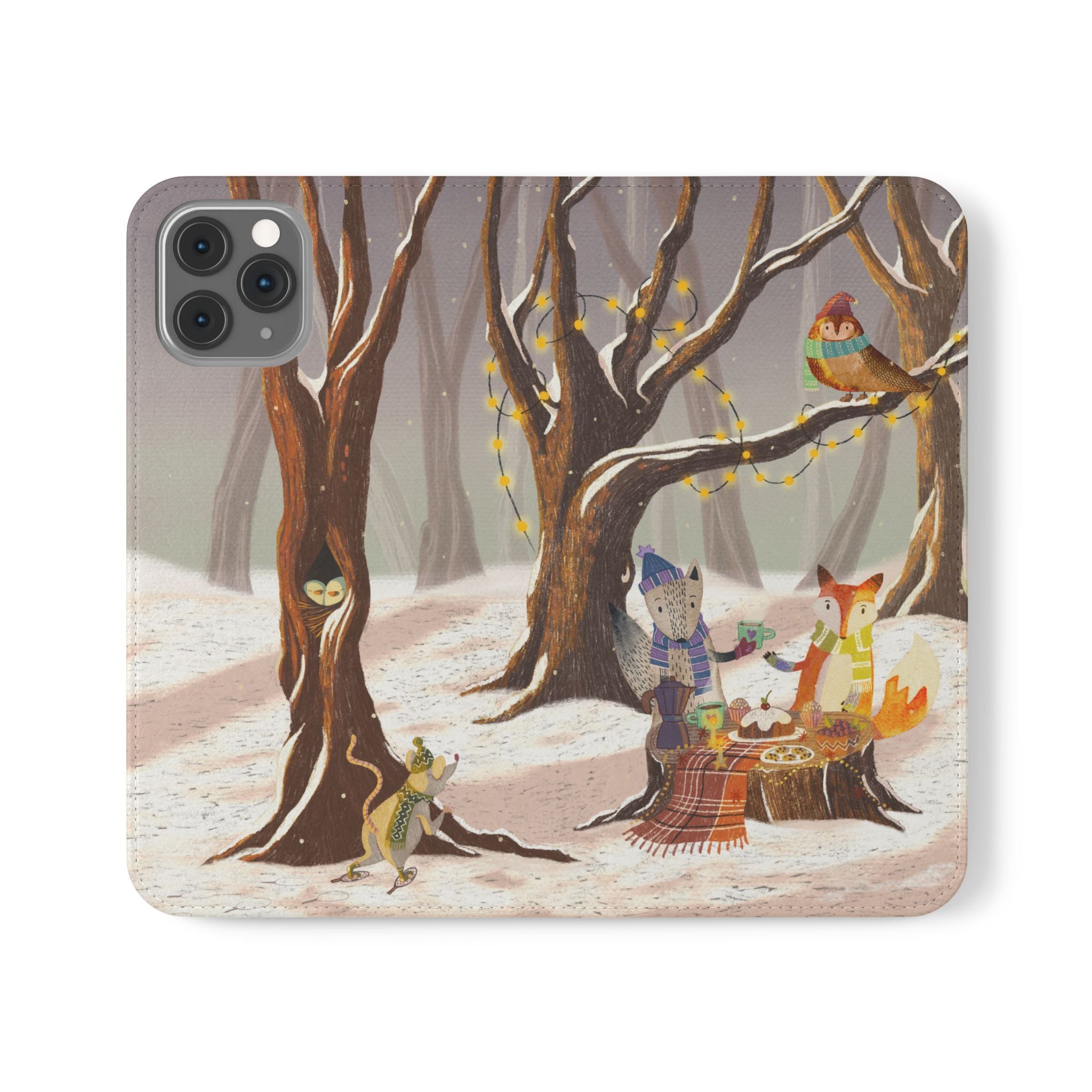 Winter Forest Tea Party Wallet Case, Woodland Animals Phone Flip Cover, Vegan Leather Case, iPhone 11 12 13 14 15 16, Galaxy Ultra S21 S22