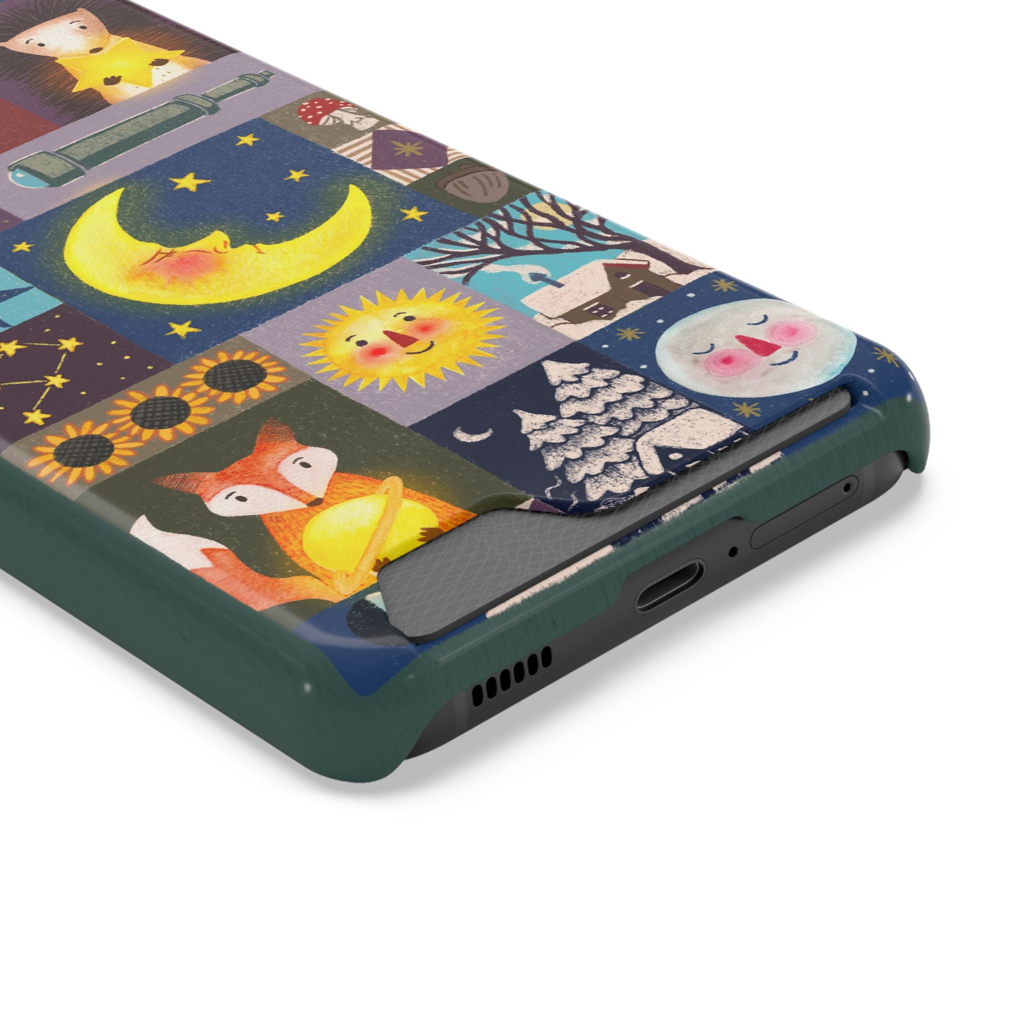 Magical Celestial Patchwork Phone Card Case - Cute Forest Animals Design, Perfect Gift for Nature Lovers, Kids & Adults, Ideal for Birthdays