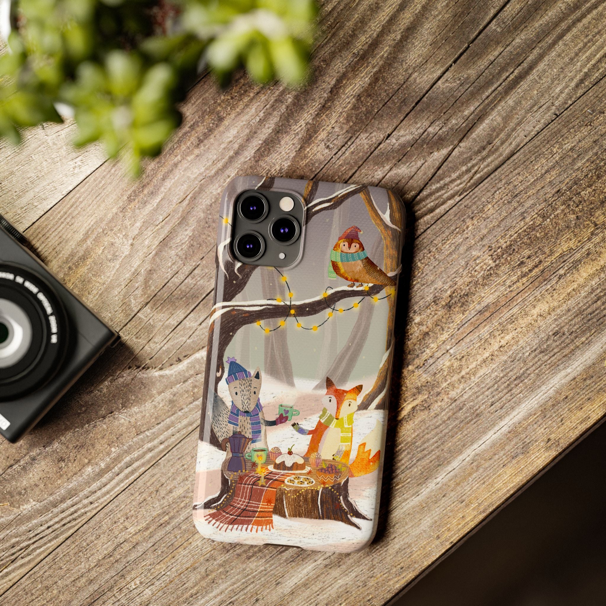 Cozy Winter Animals Slim iPhone Case, Cute Fox & Owl Design, Winter Theme Holiday Gift, Cute Phone Cover Gift, iPhone 16 15 14 13 12 11 X XR