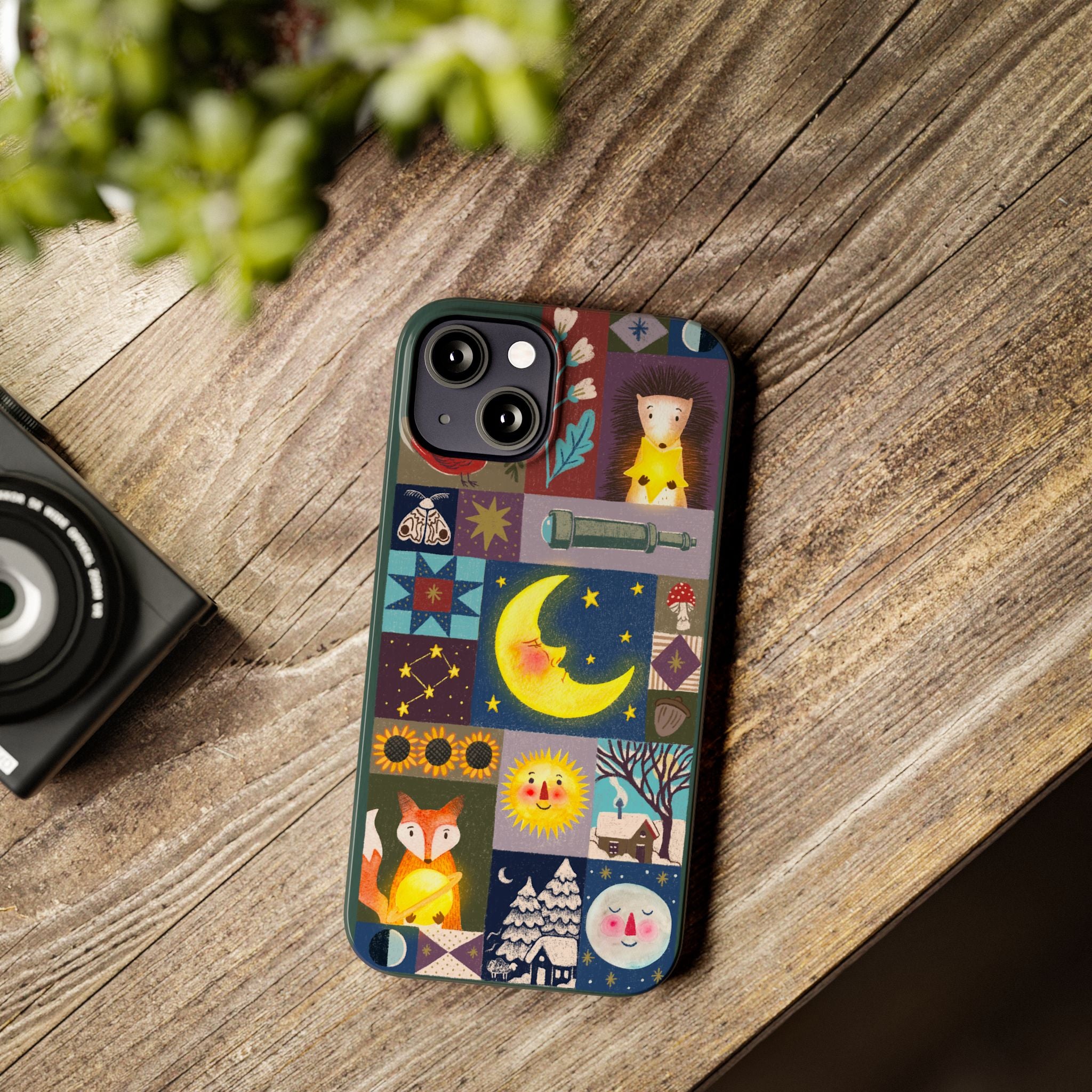 Celestial Quilt iPhone Case, Folk Art Moon Sun Fox Case, Nature Patchwork Cover, Cute Stellar Design, iPhone 7 8 X XR XS 11 12 13 14 15 16