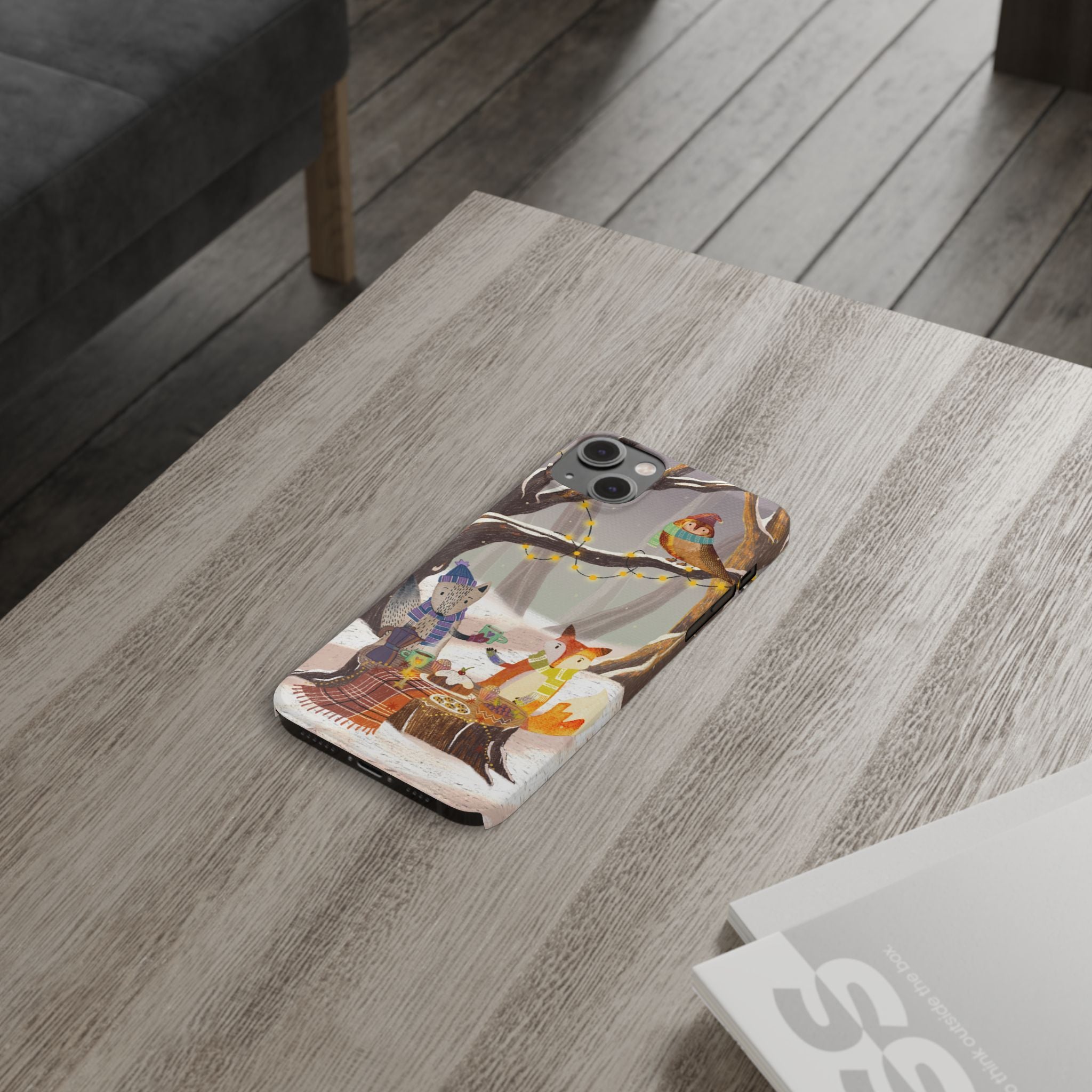 Cozy Winter Animals Slim iPhone Case, Cute Fox & Owl Design, Winter Theme Holiday Gift, Cute Phone Cover Gift, iPhone 16 15 14 13 12 11 X XR