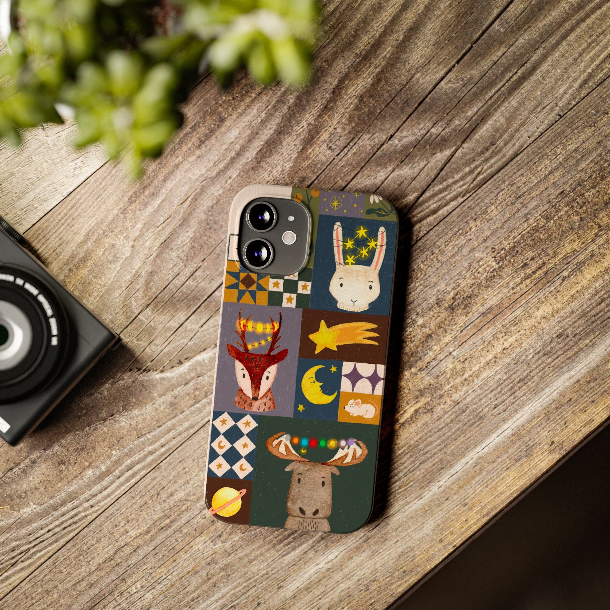 Holiday Night Sky Slim Case, Cute Forest Creatures iPhone Cover, Bunny Deer Moose, iPhone 7 8 X XR XS 11 12 13 14 15 16