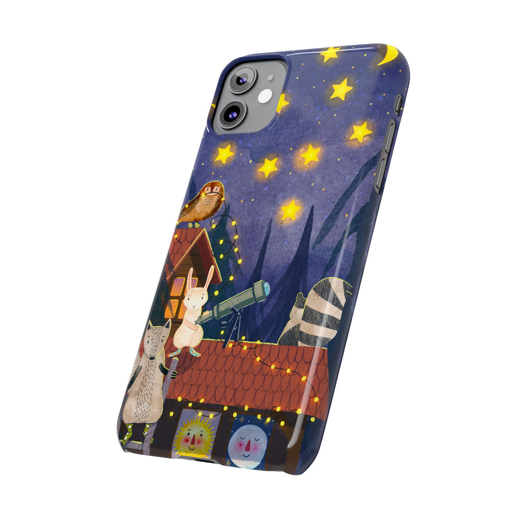 Stargazing Animals Slim iPhone Case, Night Sky Observatory Cover, Cute Forest Gift, Starry Night Gift, iPhone 16 15 14 13 12 11 X XR XS 8 7