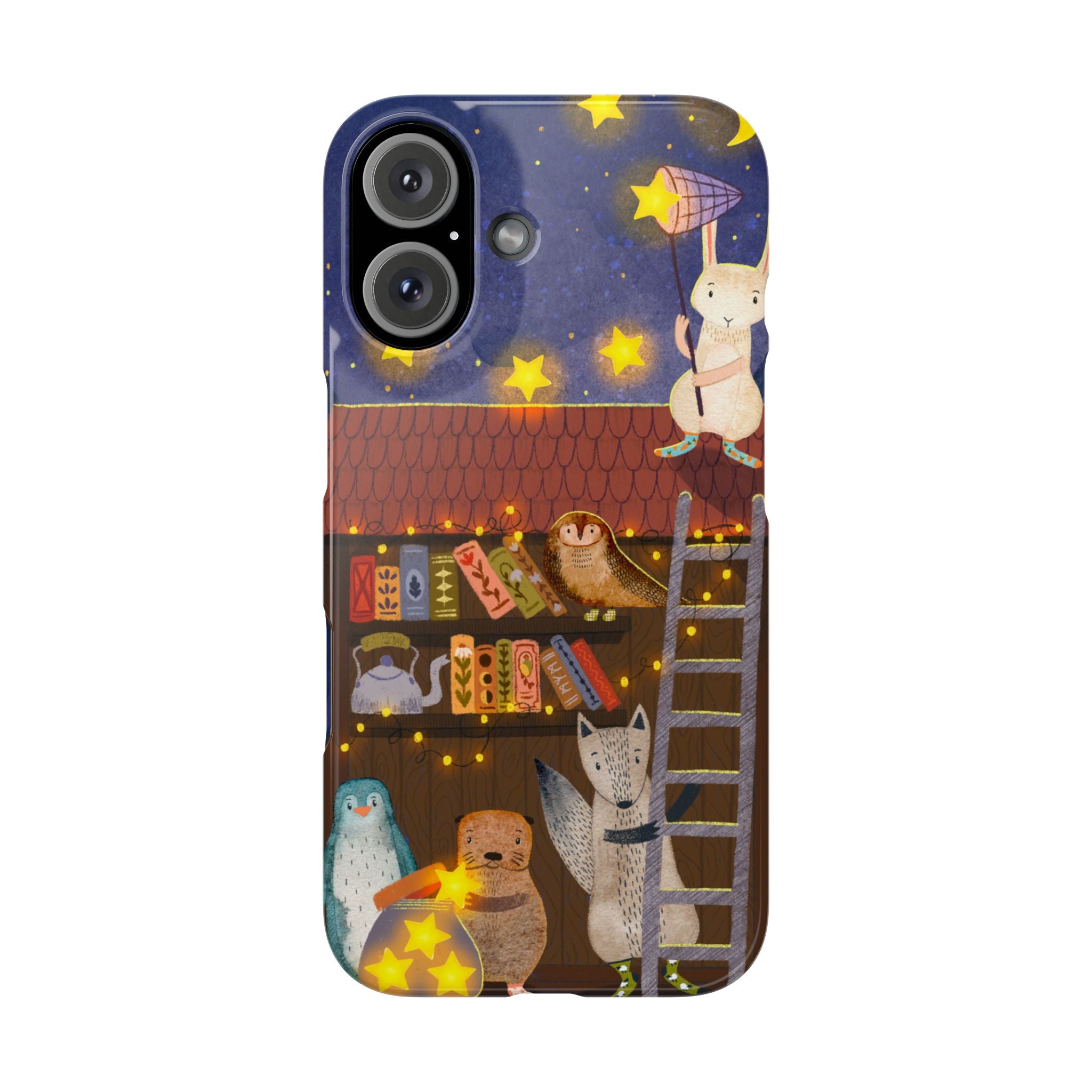 Starlit Library Phone Case, Woodland Animals iPhone Case, Cozy Night Scene Cover, Cute Animals Case Gift, iPhone 7 8 X XR 11 12 13 14 15 16