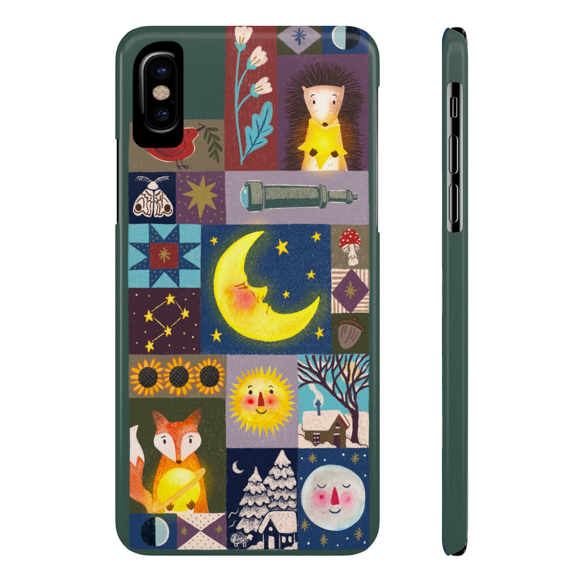 Celestial Quilt iPhone Case, Folk Art Moon Sun Fox Case, Nature Patchwork Cover, Cute Stellar Design, iPhone 7 8 X XR XS 11 12 13 14 15 16