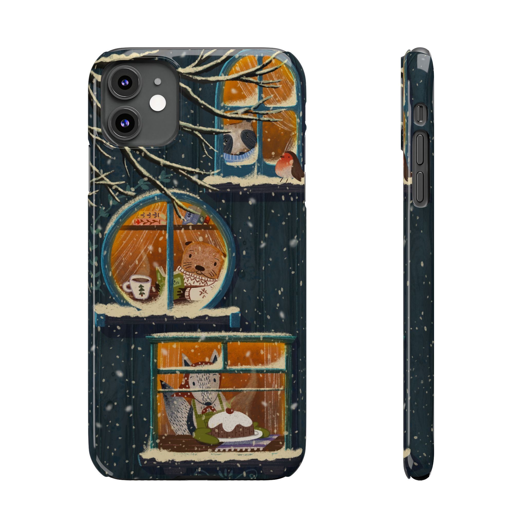 Cute Winter Animals Cozy Home iPhone Case, Woodland Cottage Cover, Treehouse at Night, Raccoon Bear Fox, iPhone 16 15 14 13 12 11 X XR 8 7