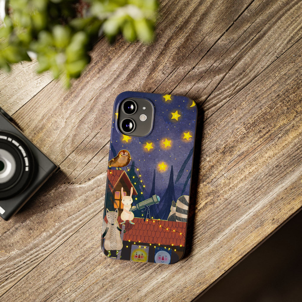 Stargazing Animals Slim iPhone Case, Night Sky Observatory Cover, Cute Forest Gift, Starry Night Gift, iPhone 16 15 14 13 12 11 X XR XS 8 7