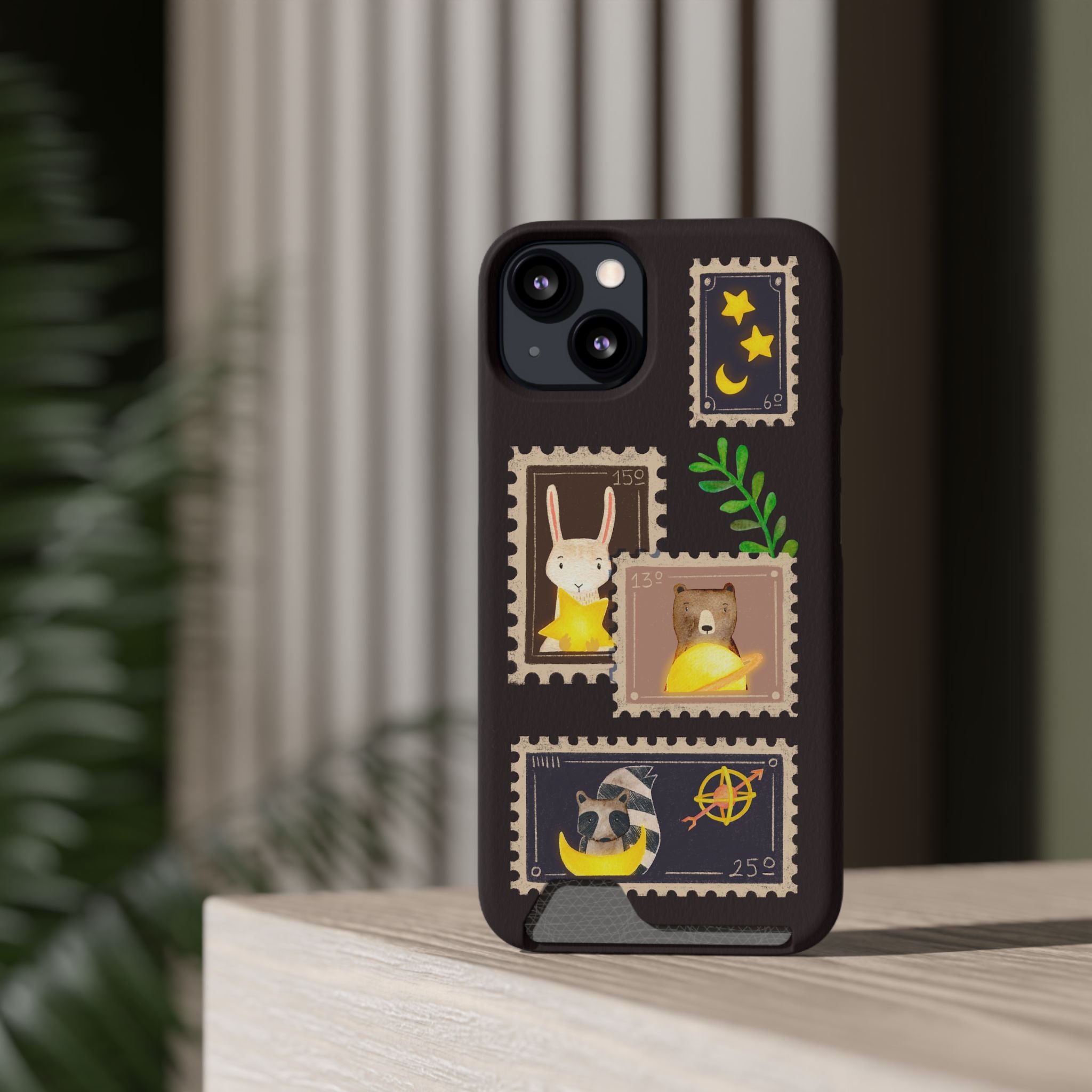 Animal Phone Case with Card Holder - Cute Raccoon, Bear & Bunny Design for iPhone 13 Samsung Galaxy S21/S22 - Pet Lovers Night Sky Style