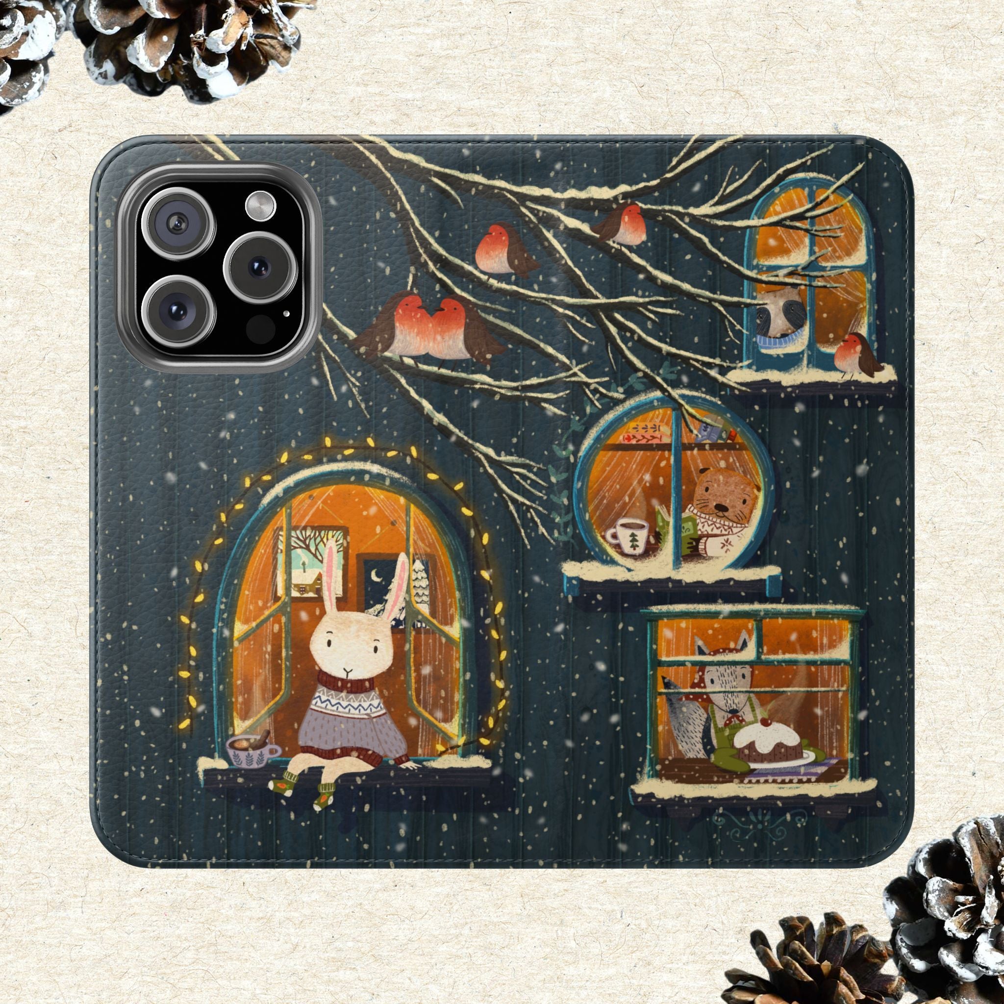 Cozy Winter Cottage Wallet Case, Cute Animals Flip Cover, Vegan Leather, Cozy Vibes, Gift Idea for iPhone 11 12 13 14 15 16, Galaxy S21 S22
