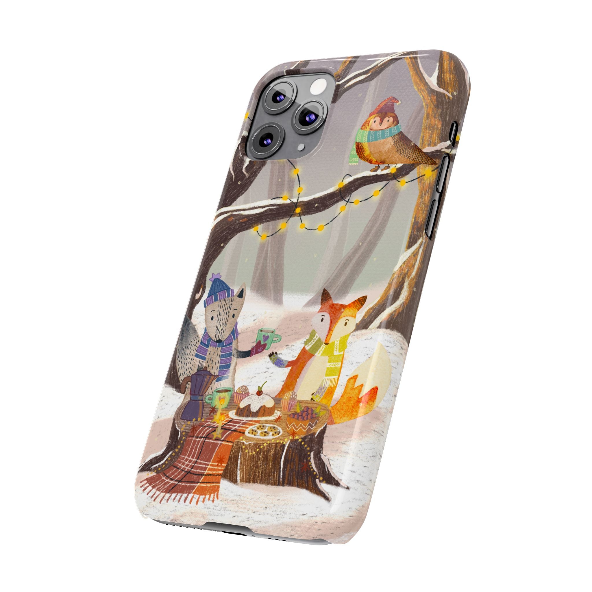 Cozy Winter Animals Slim iPhone Case, Cute Fox & Owl Design, Winter Theme Holiday Gift, Cute Phone Cover Gift, iPhone 16 15 14 13 12 11 X XR
