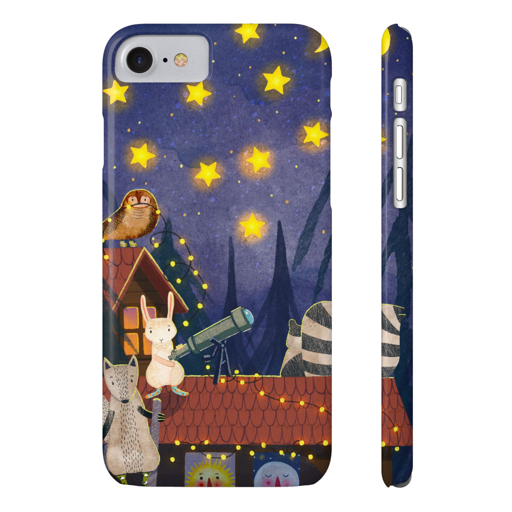 Stargazing Animals Slim iPhone Case, Night Sky Observatory Cover, Cute Forest Gift, Starry Night Gift, iPhone 16 15 14 13 12 11 X XR XS 8 7